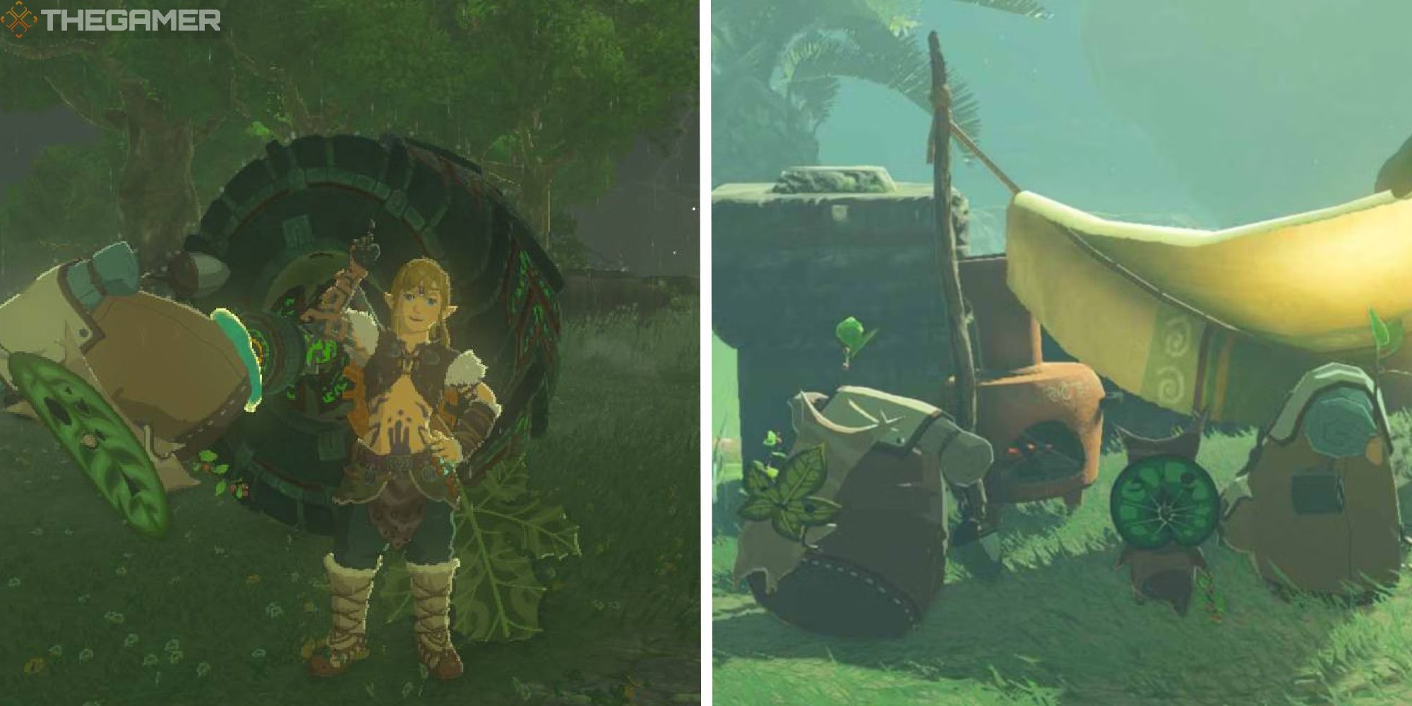 split image showing link posing next to korok stuck to a wheel, next to image of koroks reunited at tent