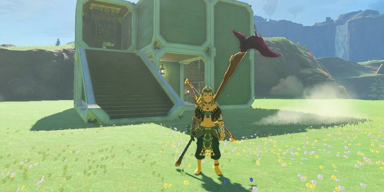 Link wearing Gerudo armor and standing in front of his Tarrey Town House