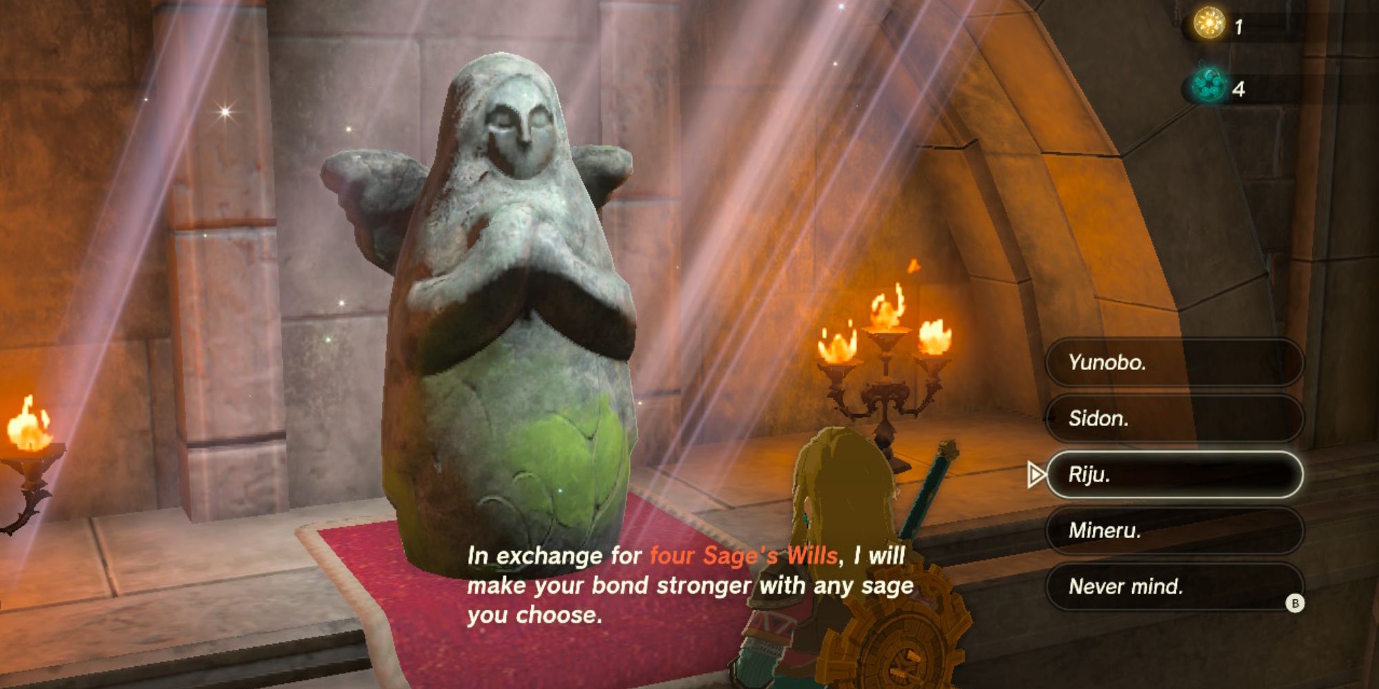 Link chooses which sage he wants to upgrade after trading Sage's Wills to a Goddess Statue.
