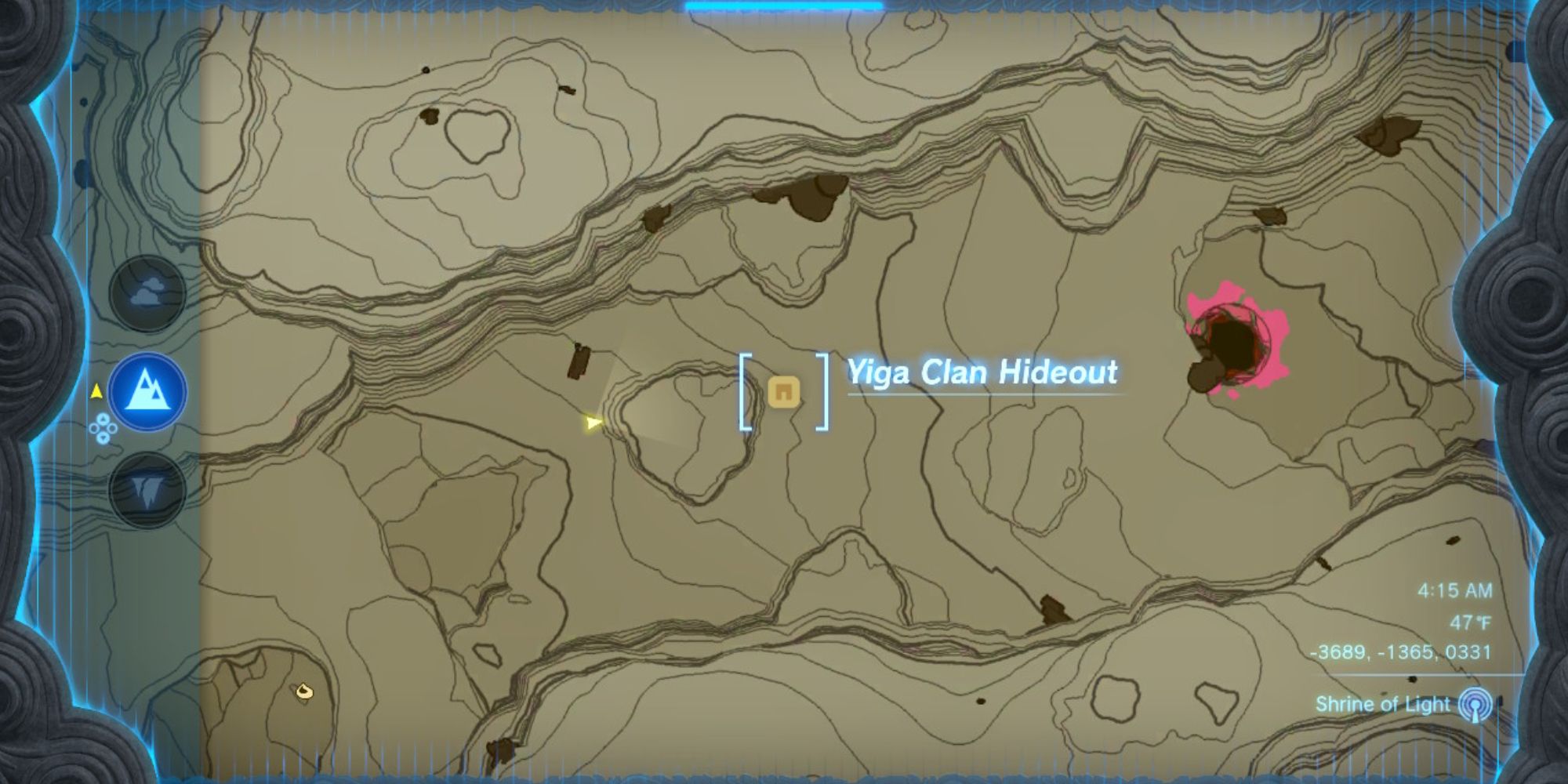 The map shows the Yiga Clan Hideout in the Gerudo region.