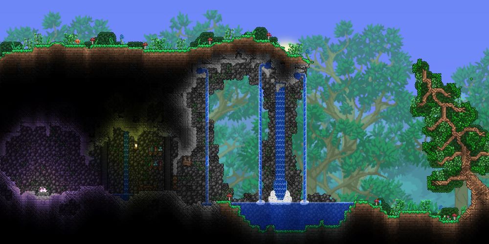 Terraria beautiful landscaping with cave and waterfall