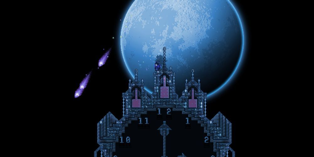 Terraria player atop clocktower with a full moon in the background
