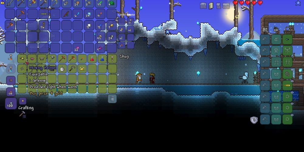 Terraria player with merchan inside an icy cavern