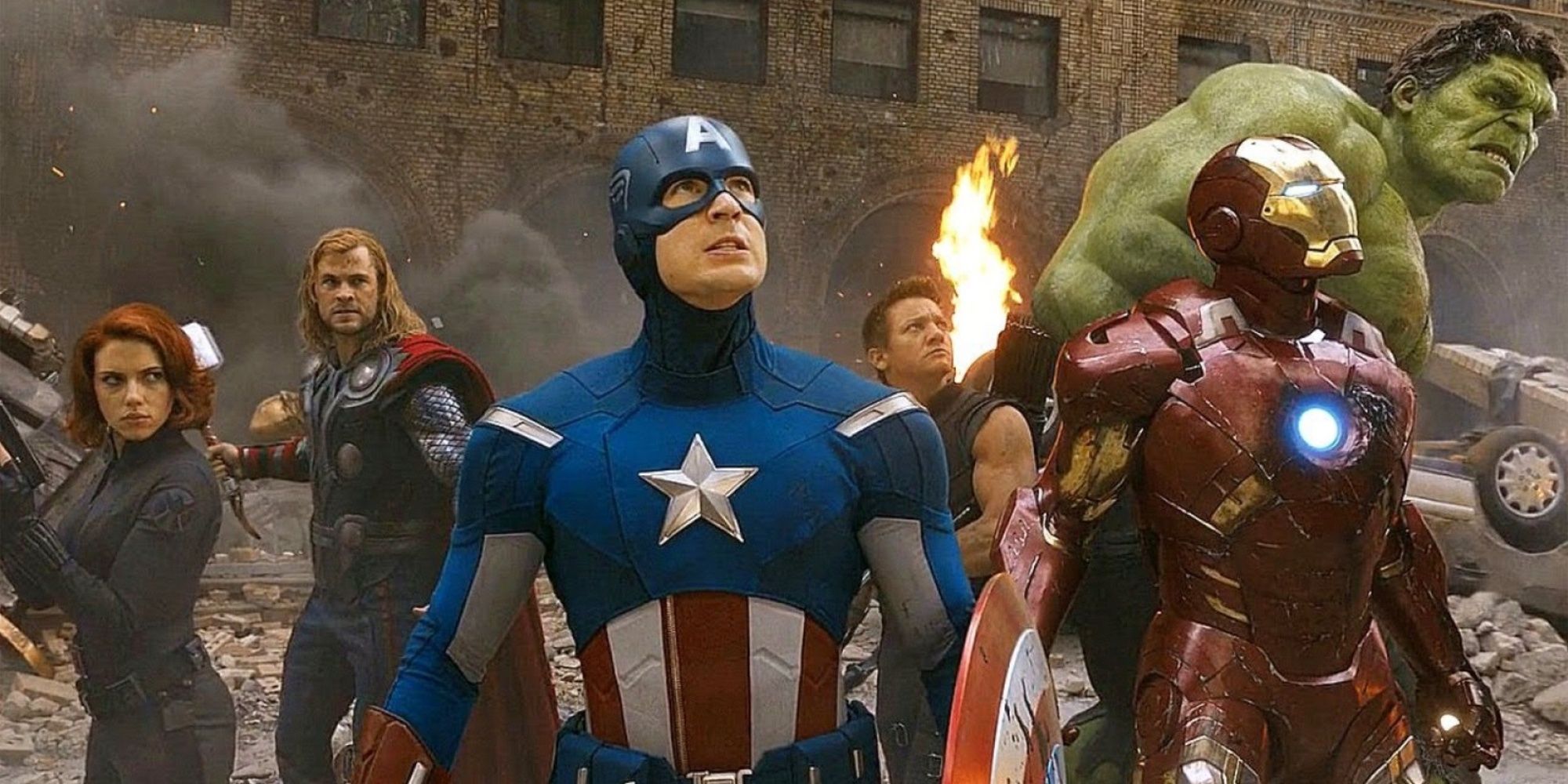 Black Widow (Scarlett Johansson), Thor (Chris Hemsworth), Captain America (Chris Evans), Hawkeye (Jeremy Renner), Iron Man (Robert Downey Jr.), and the Hulk (Mark Ruffalo) in The Avengers