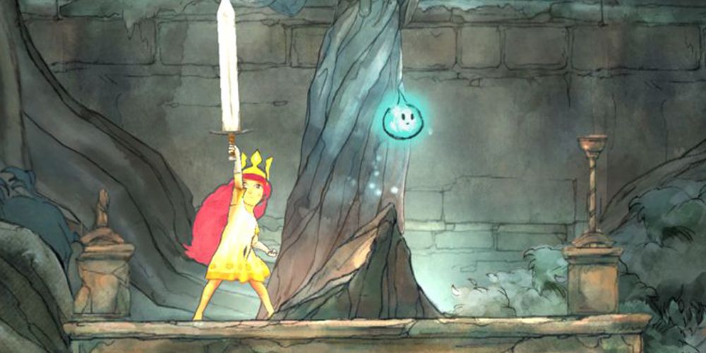 The Child of Light holding sword red hair