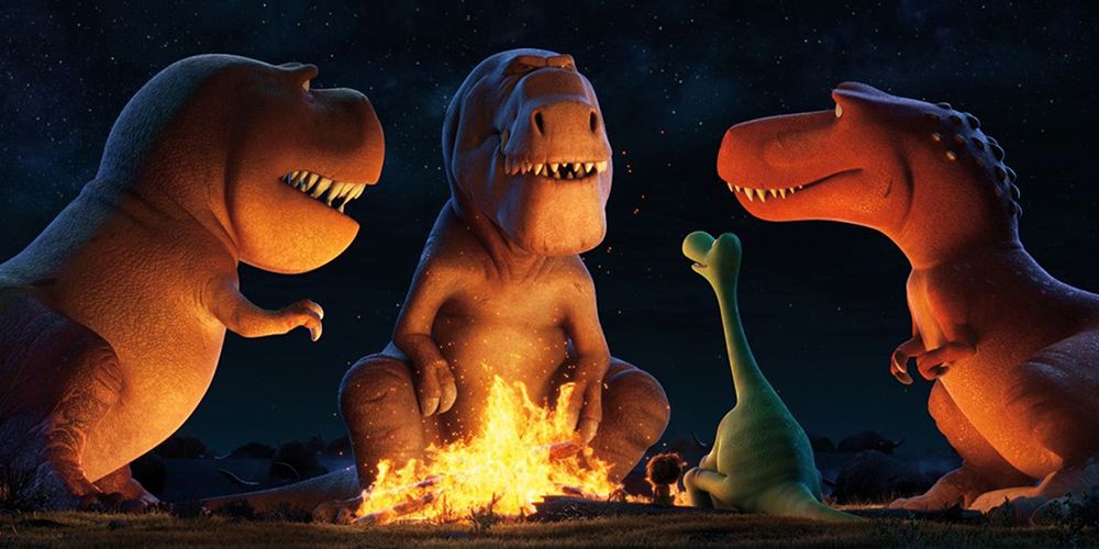 The Good Dinosaur trex trio sitting around campfire with Arlo