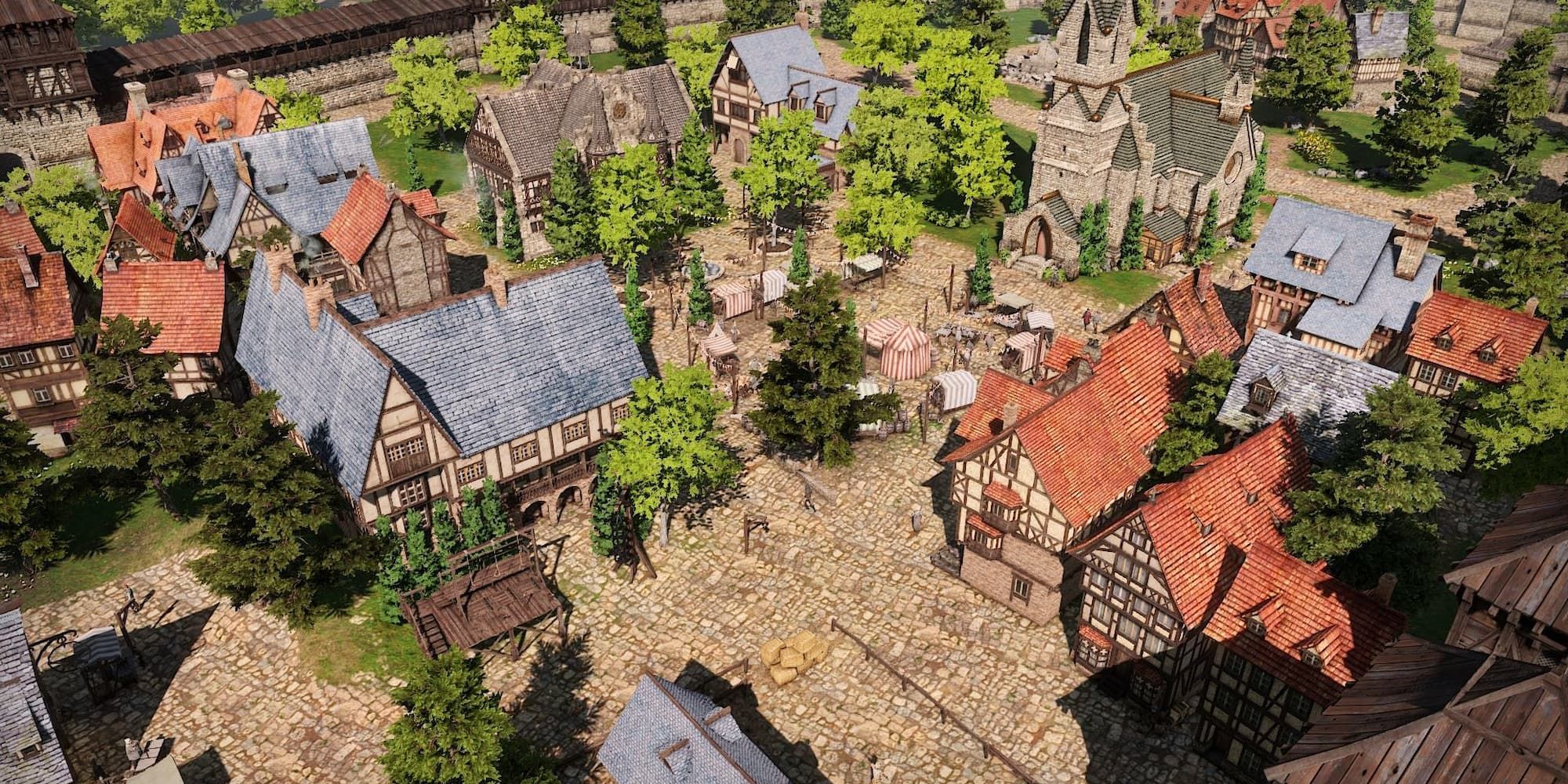Villagers move about a bustling village in The Guild 3.