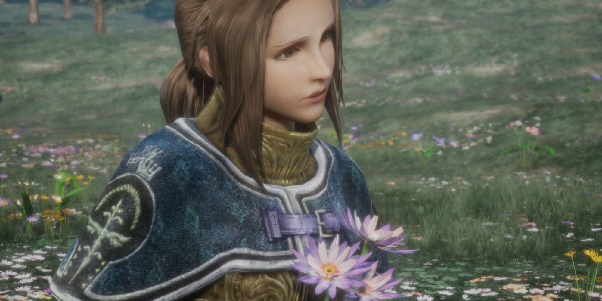 Irina Sykes holding flowers in The Last Remnant.