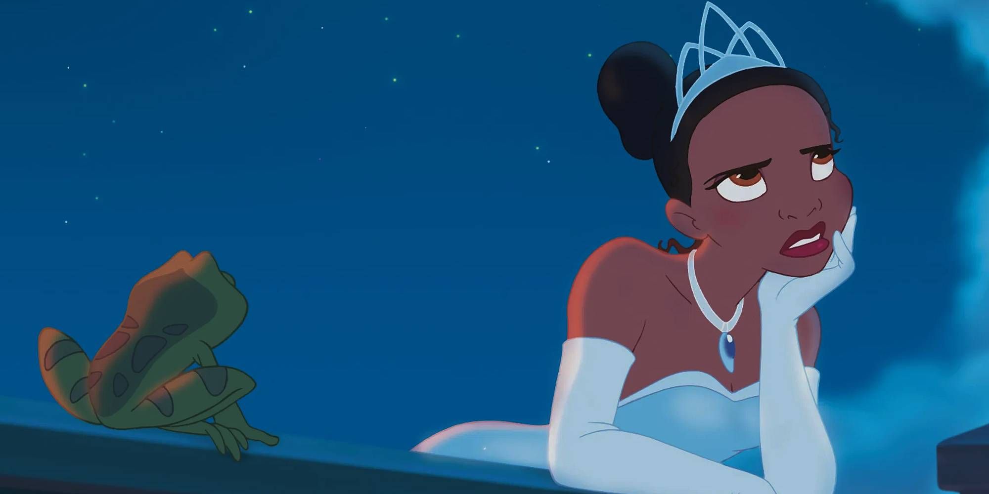 Tiana looking annoyed whilst by the frog in Princess and the Frog