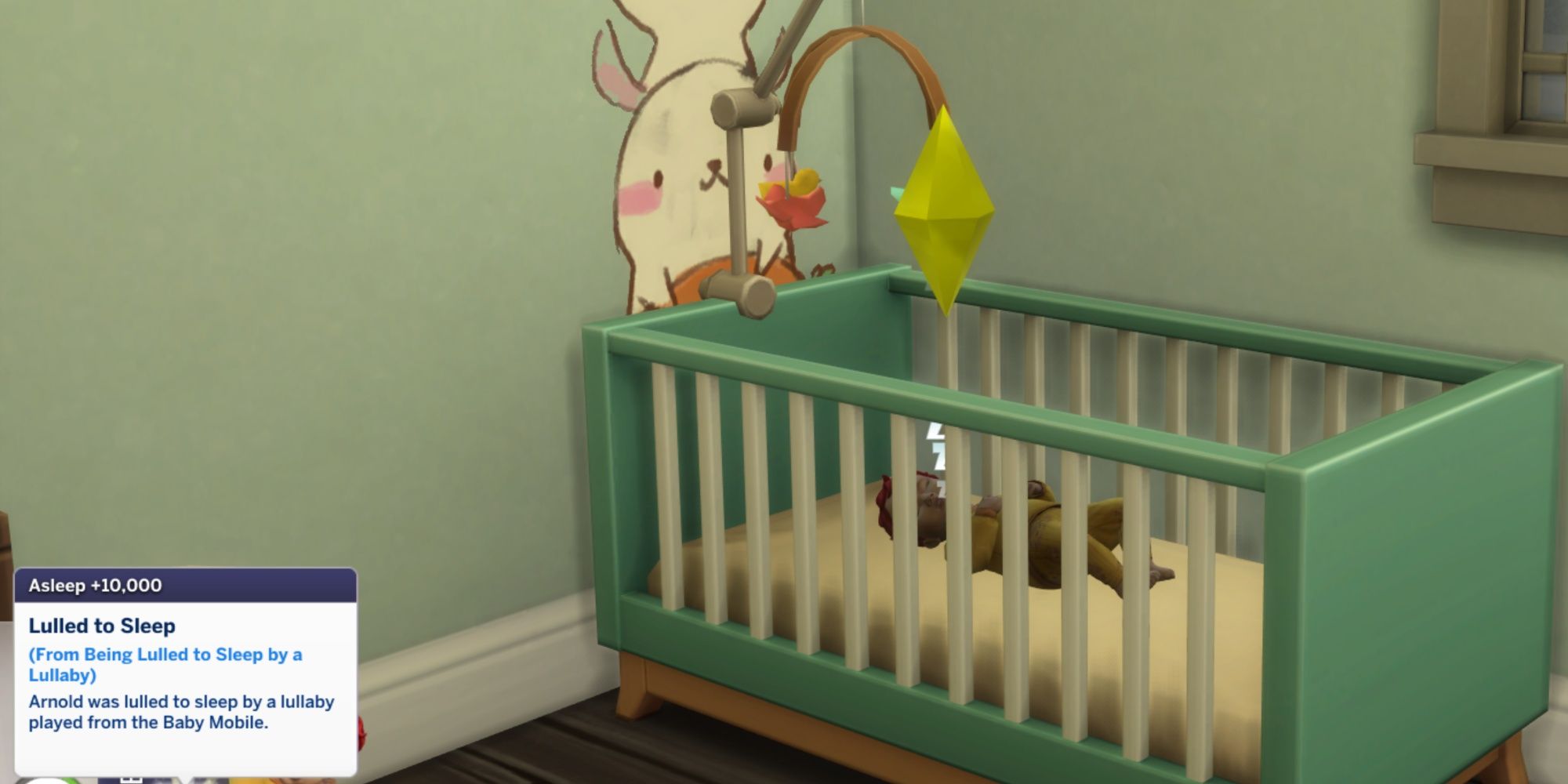 The Sims 4 infant in crib with upgraded mobile lulled to sleep