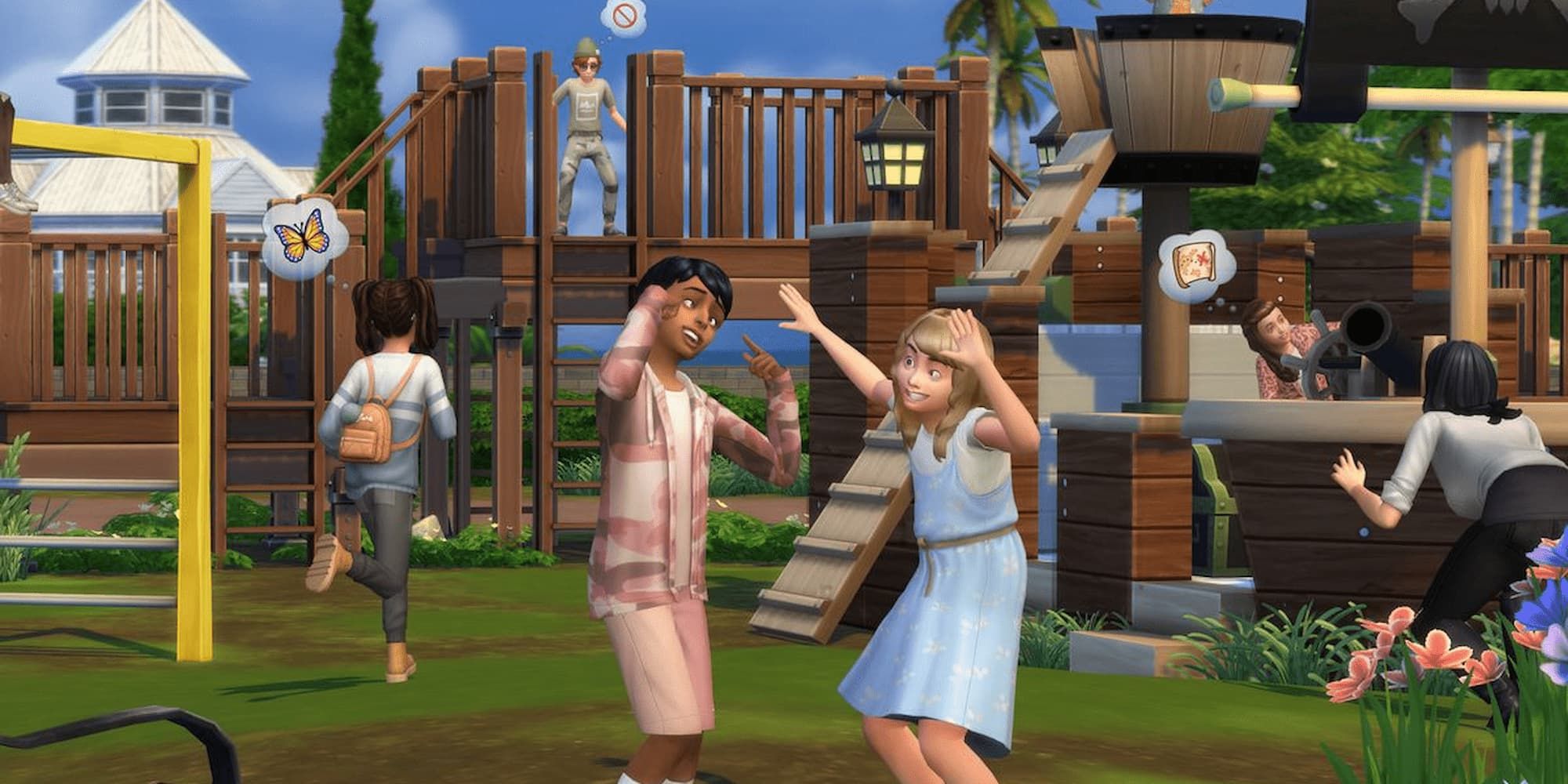 Several children play on a pirate-themed playground in The Sims 4.