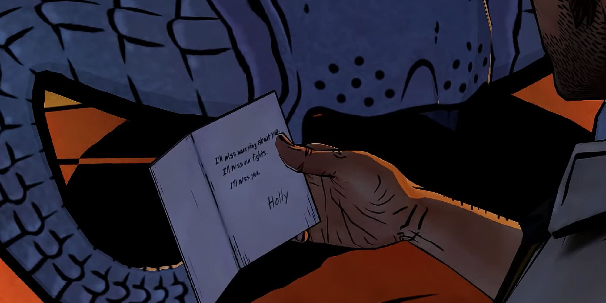 A man holding a card which reads "I'll miss worrying about you. I'll miss our fights. I'll miss you."