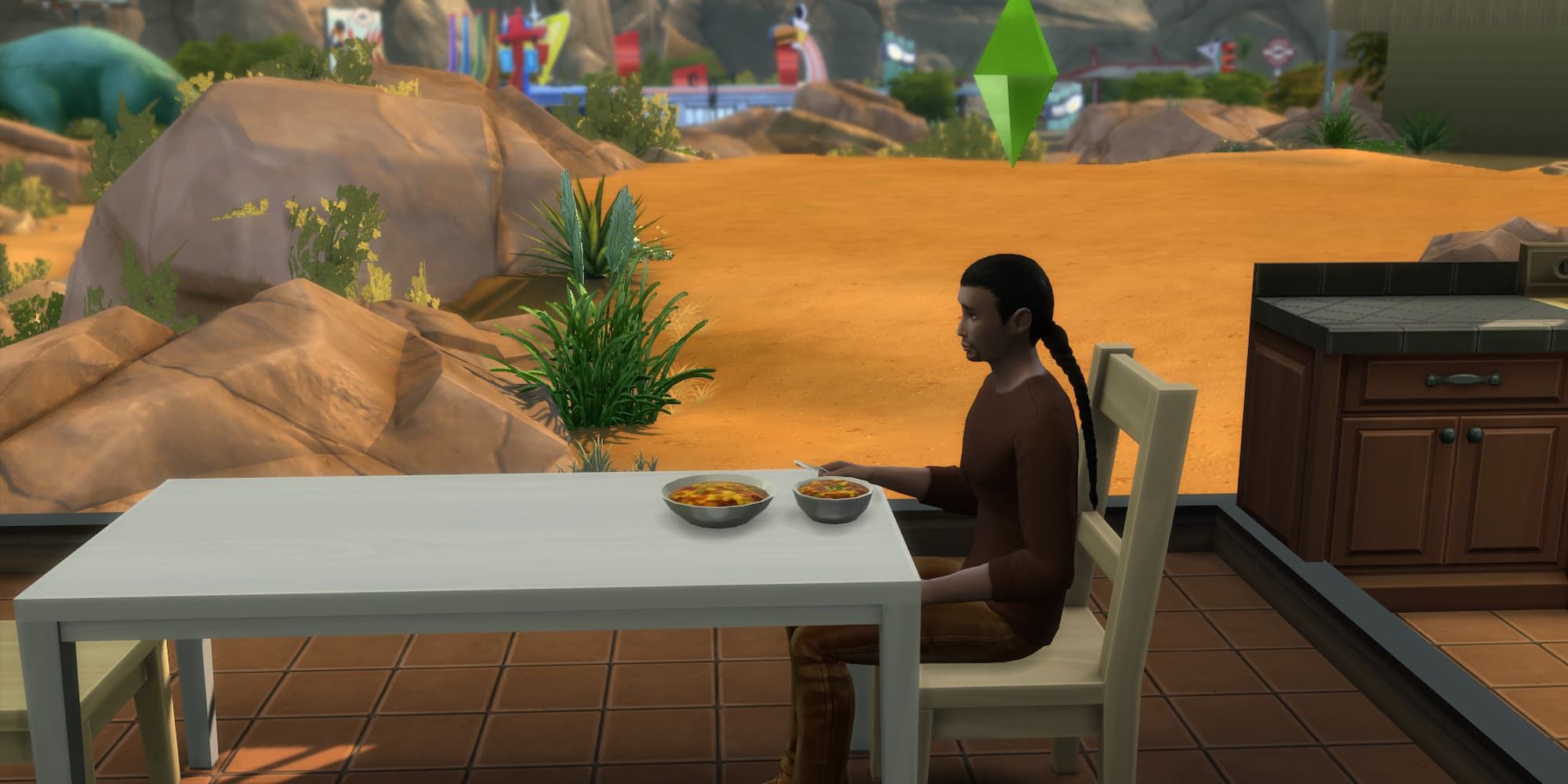A Sim sits at the dining room table and eats a bowl of Three Sisters Chili in The Sims 4.