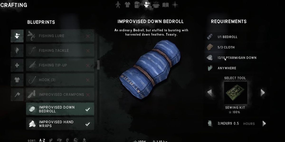 The Long Dark Improvised Down Bedroll  Crafting Menu