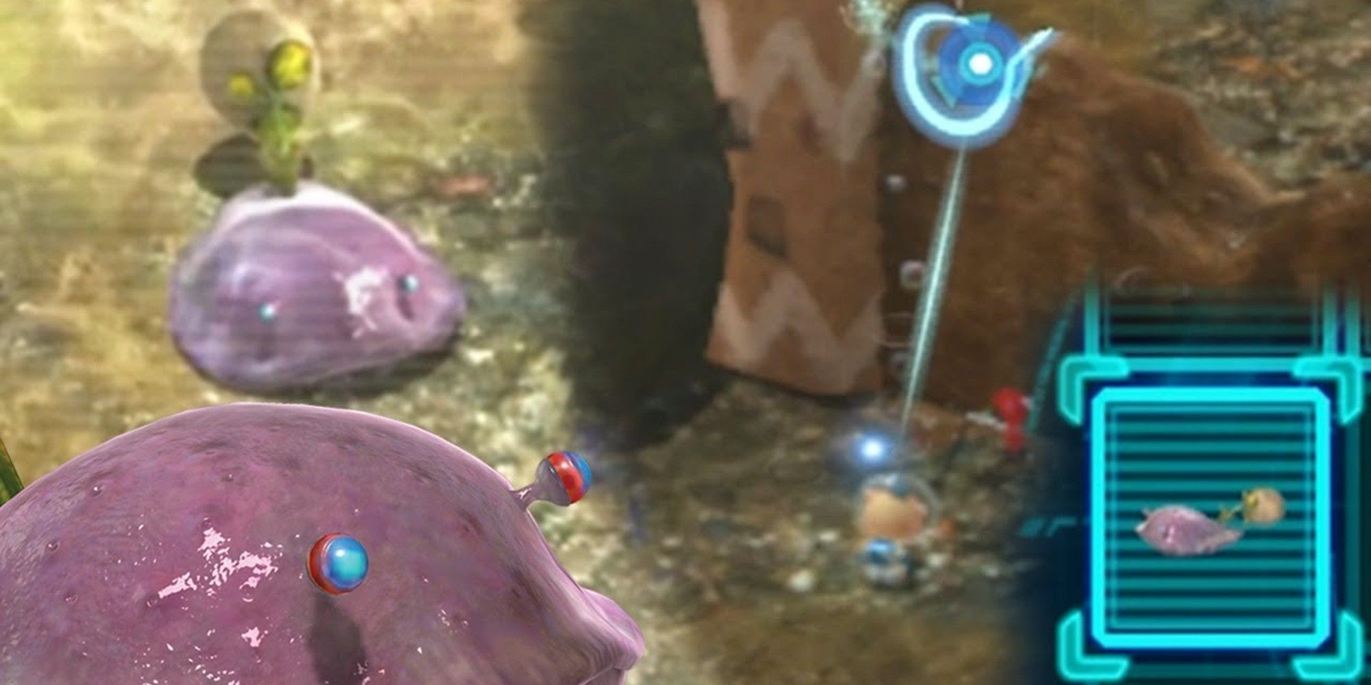 A Toady Bloyster in the foreground while a blurry version is being targeted by Olimar