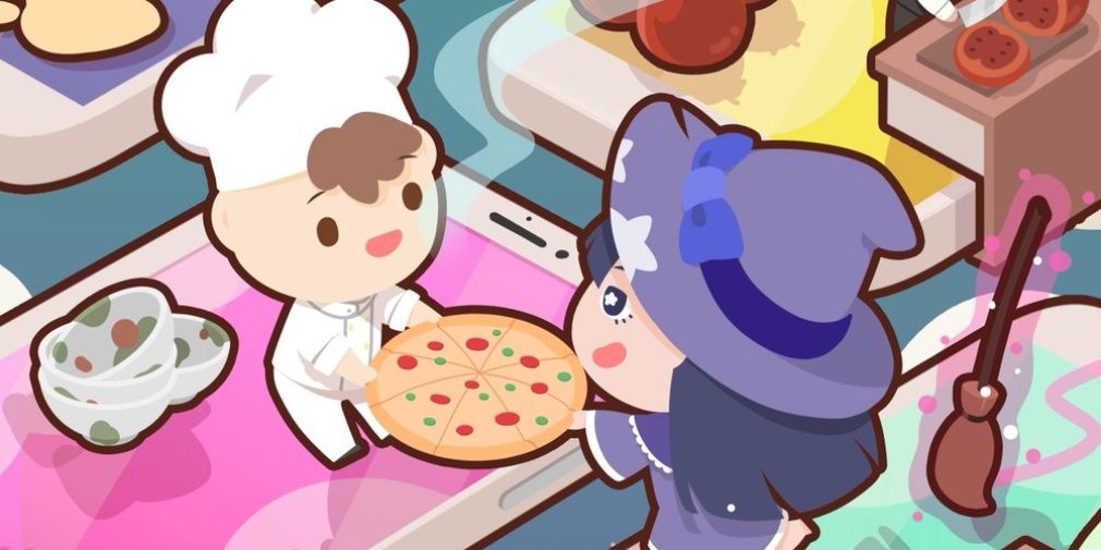 a cartoon chef standing on a smartphone hands a pizza to a cartoon witch
