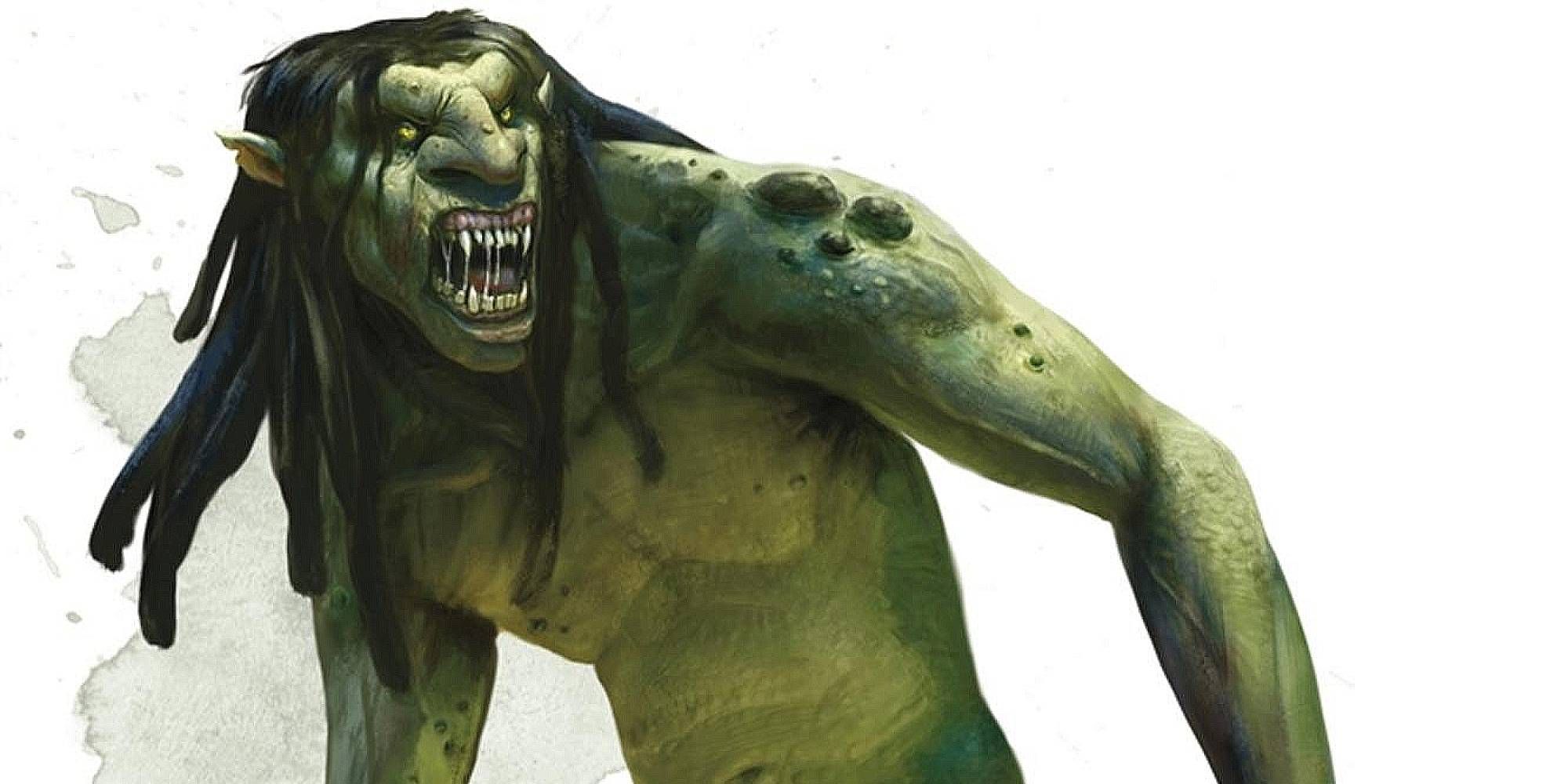 A green troll that growls towards something off-screen