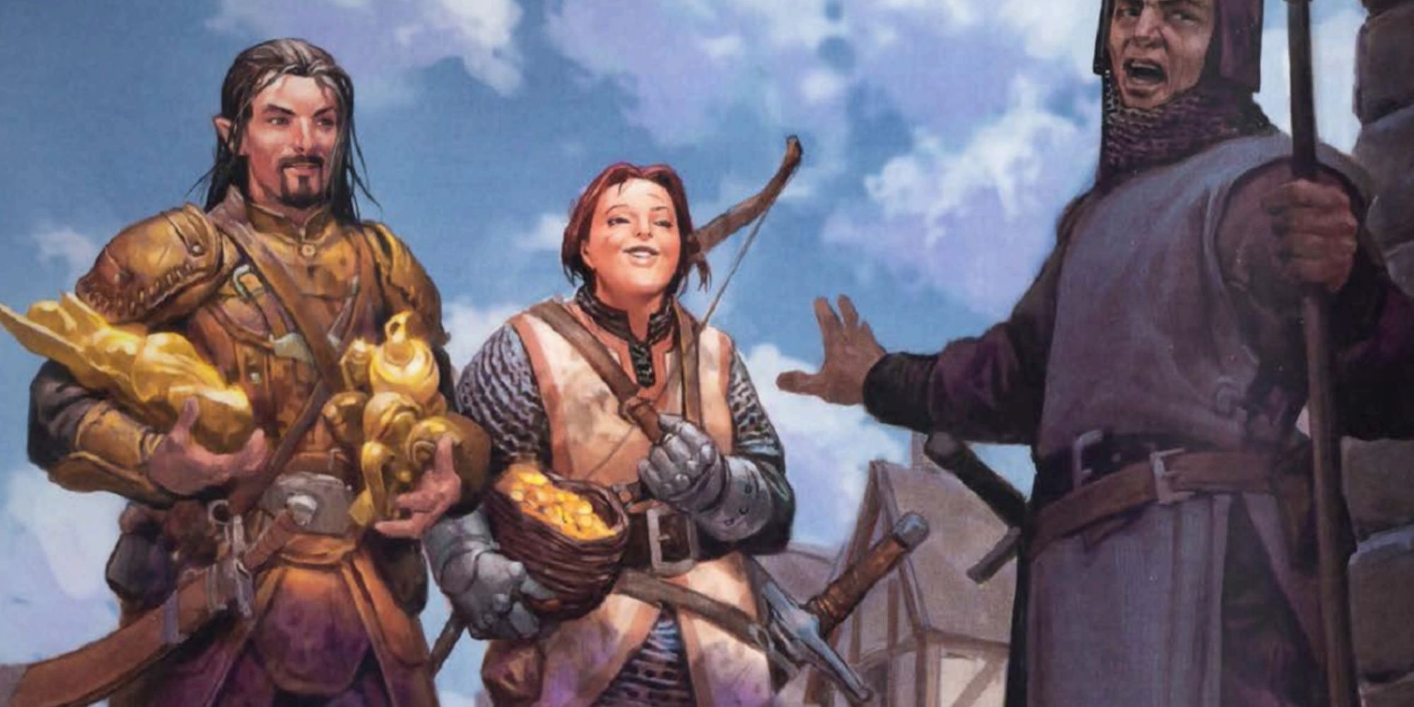 two adventurers holding a lot of gold with smug smiles on their faces after being stopped by a guard