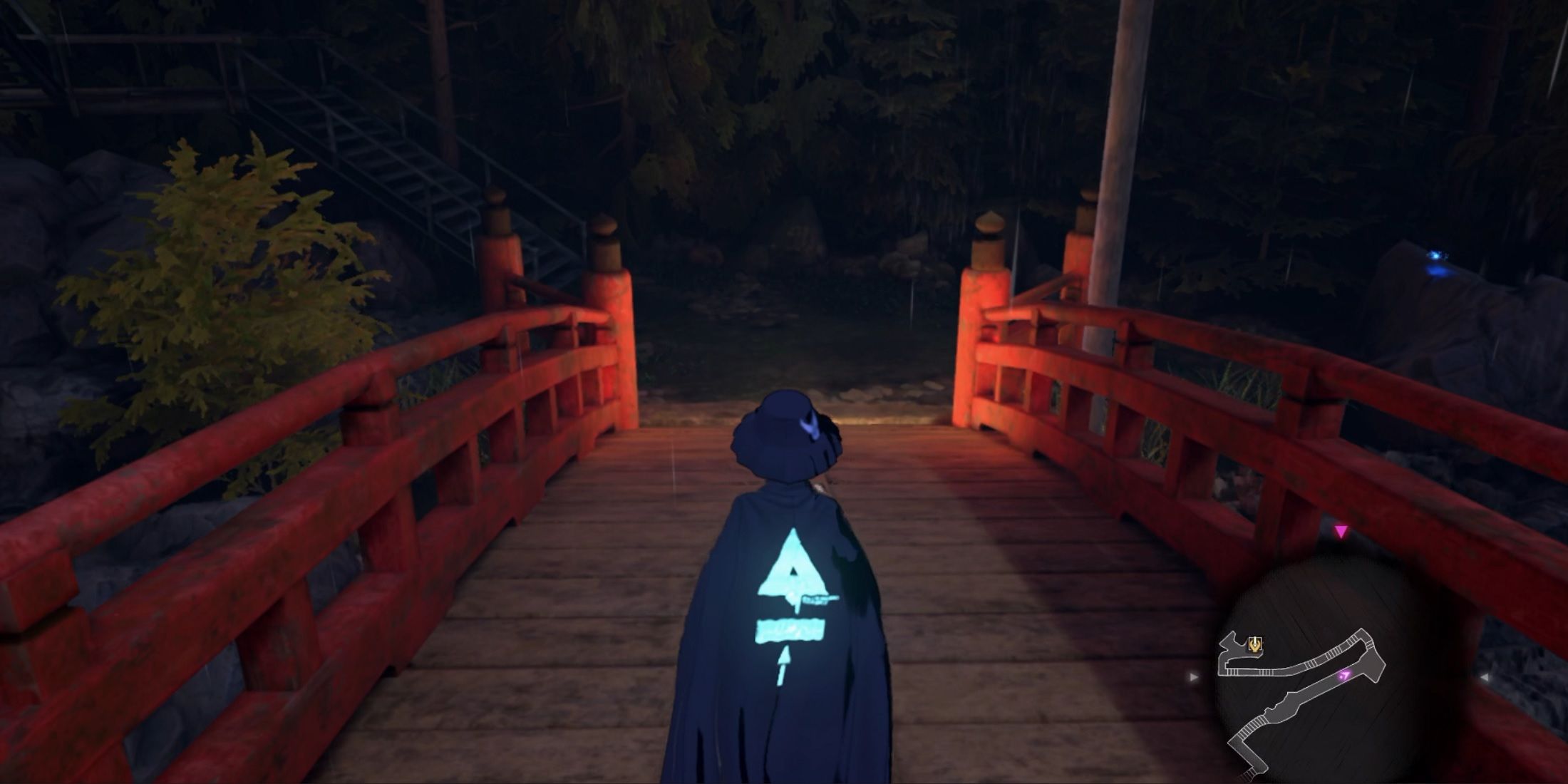 Crossing a red, Japanese-style, bridge in the final chapter of Rain Code