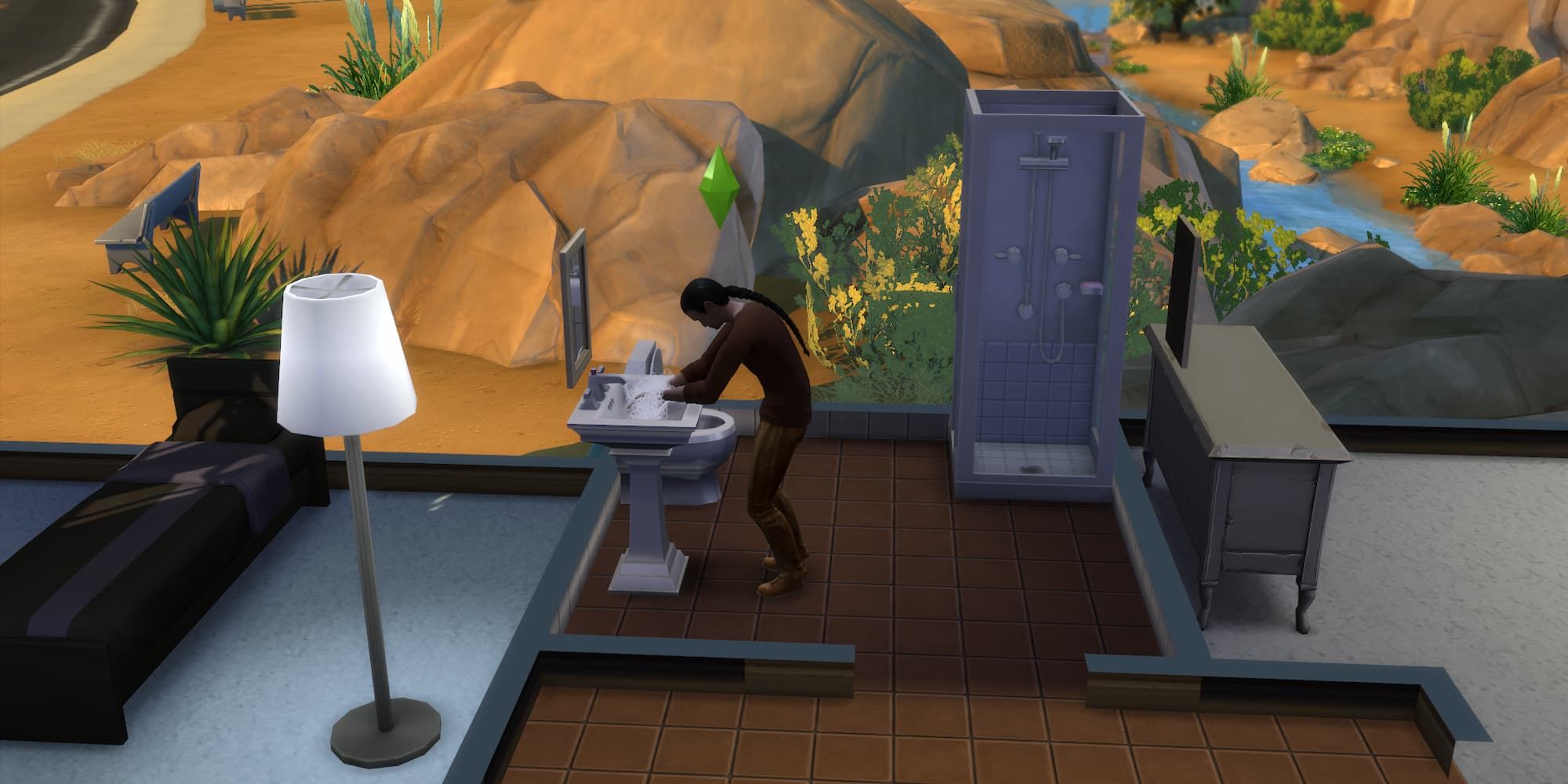 A Sim washes his hands in the bathroom sink in The Sims 4.