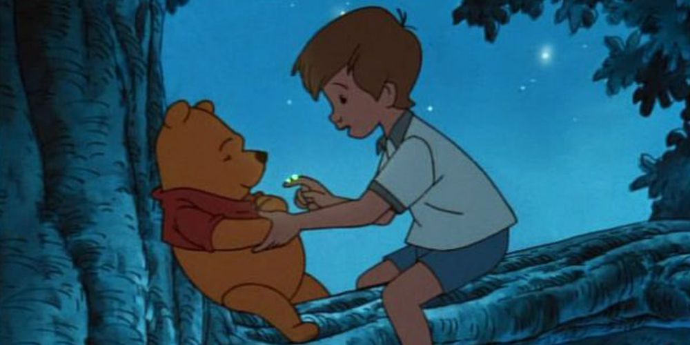Winnie the pooh and Christopher robin talking in tree at night