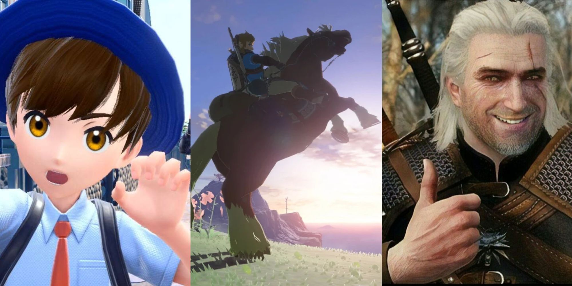 Pokemon Trainer, Link on Epona, Geralt with a thumbs up