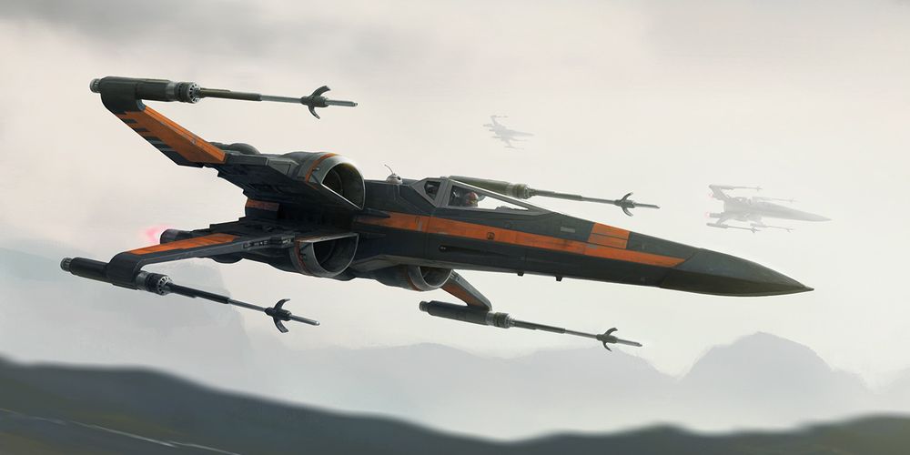 Poe Damerine X-wing flying in attack mode