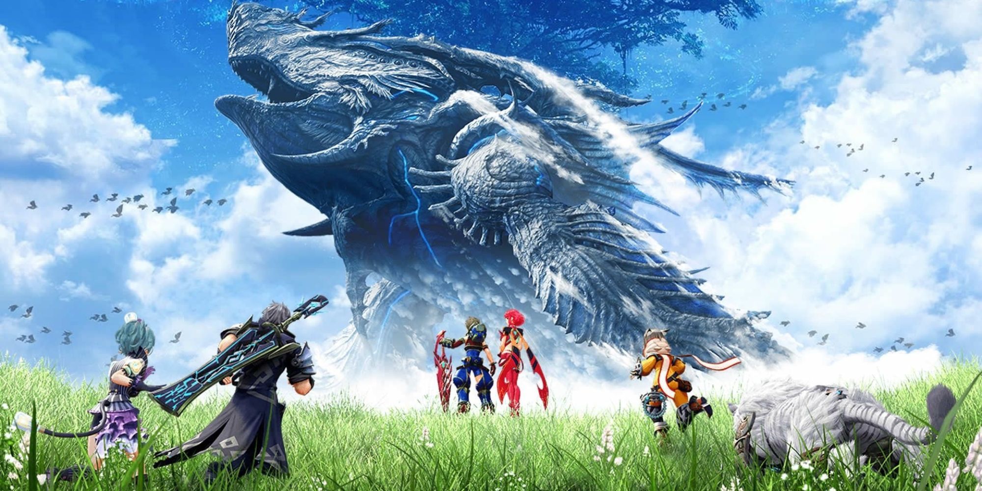 Xenoblade characters looking at a giant whale-like mecha monster far away in front of the bright blue sky, while standing in a meadow 