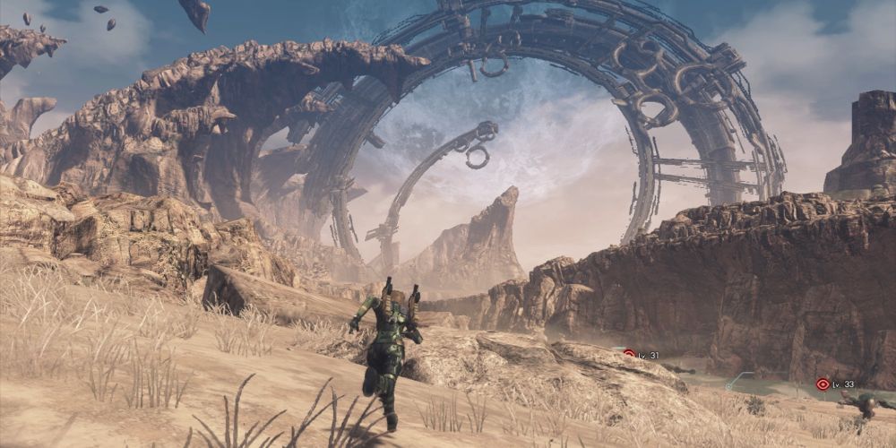 Xenoblade Main Character Running in the Desert Towards a Ruin in the Distance
