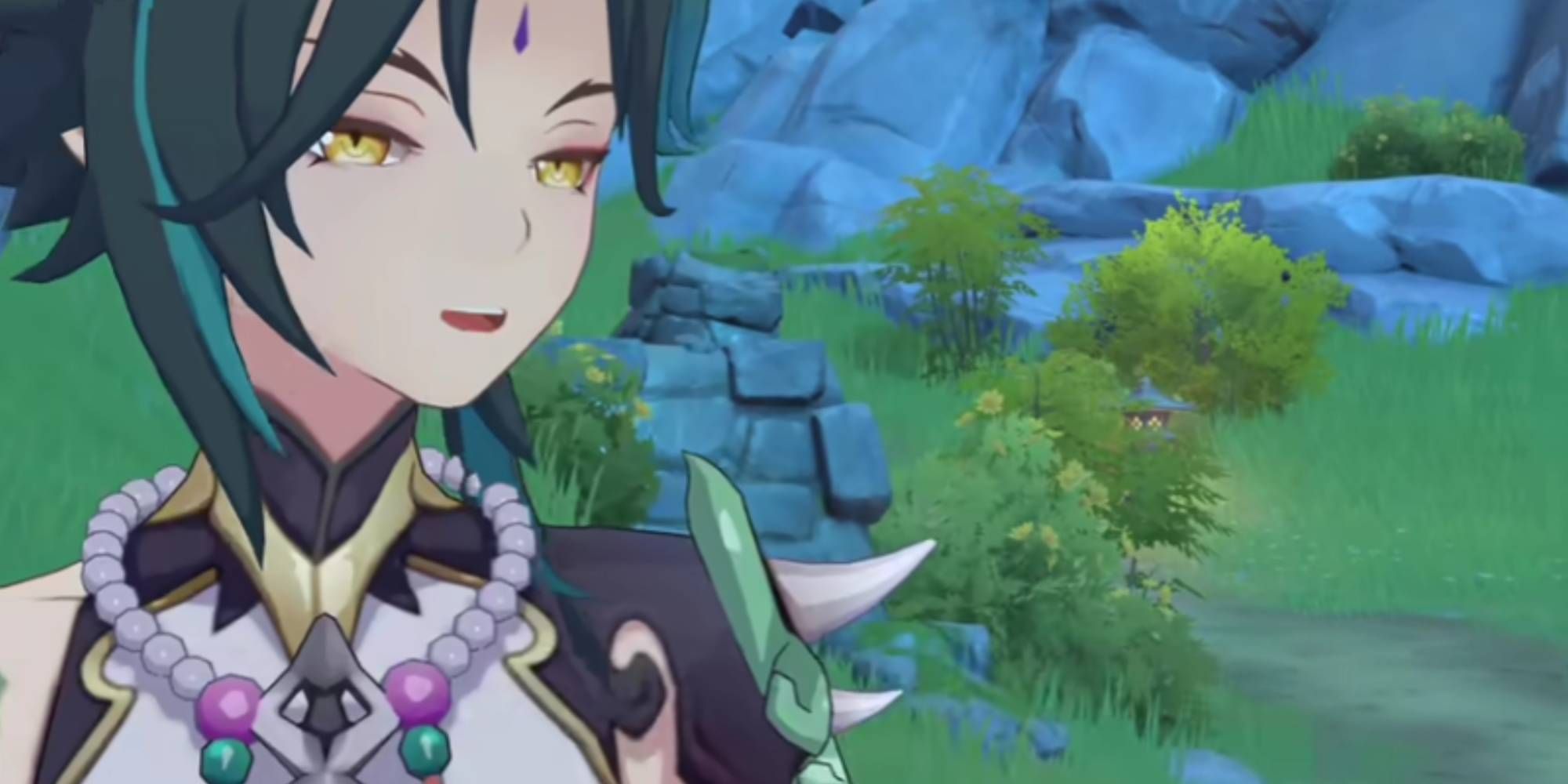 Close up of Xiao talking in Genshin Impact