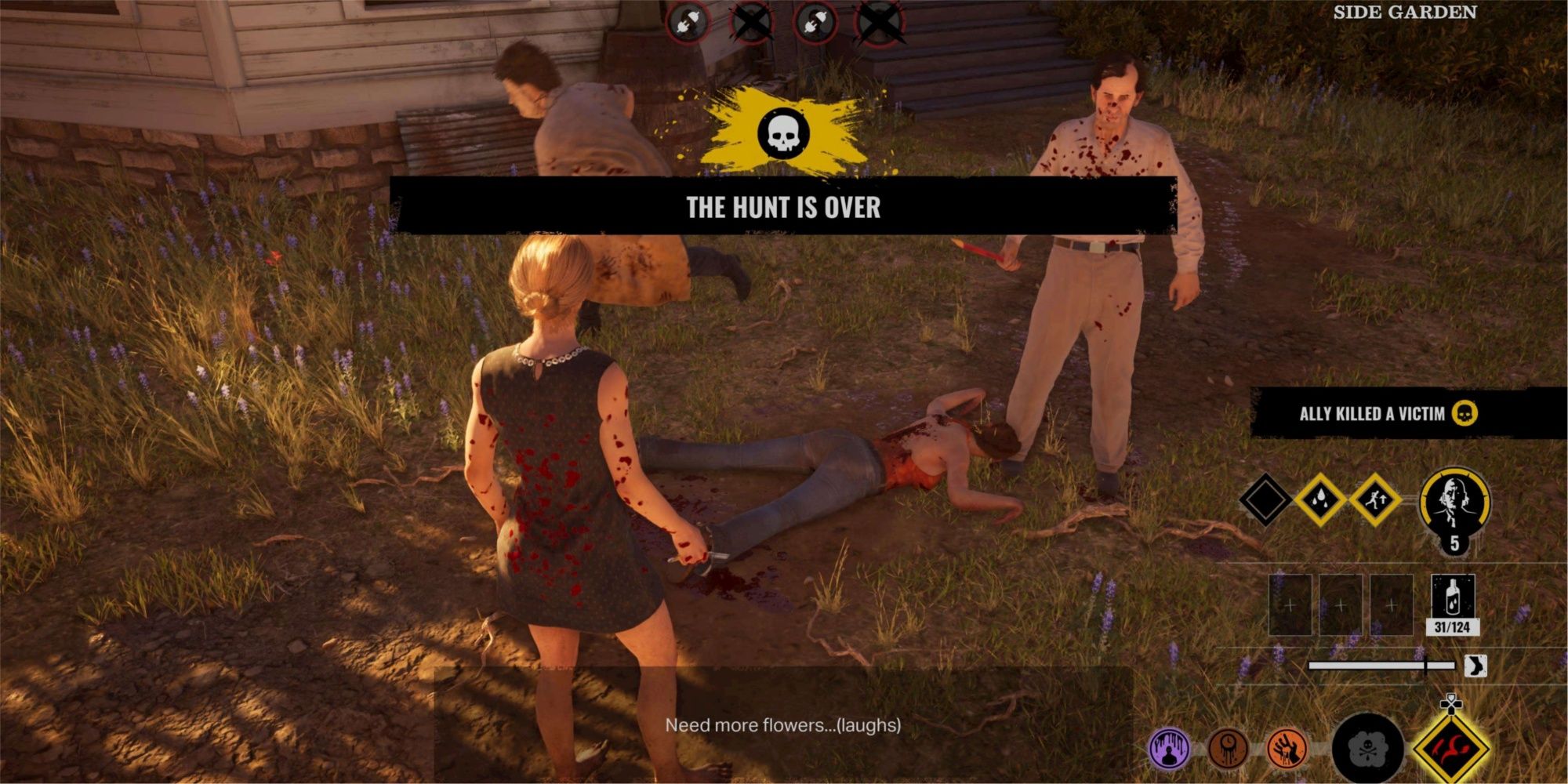 The Family kills the last victim, the hunt finishes at the Side Garden.