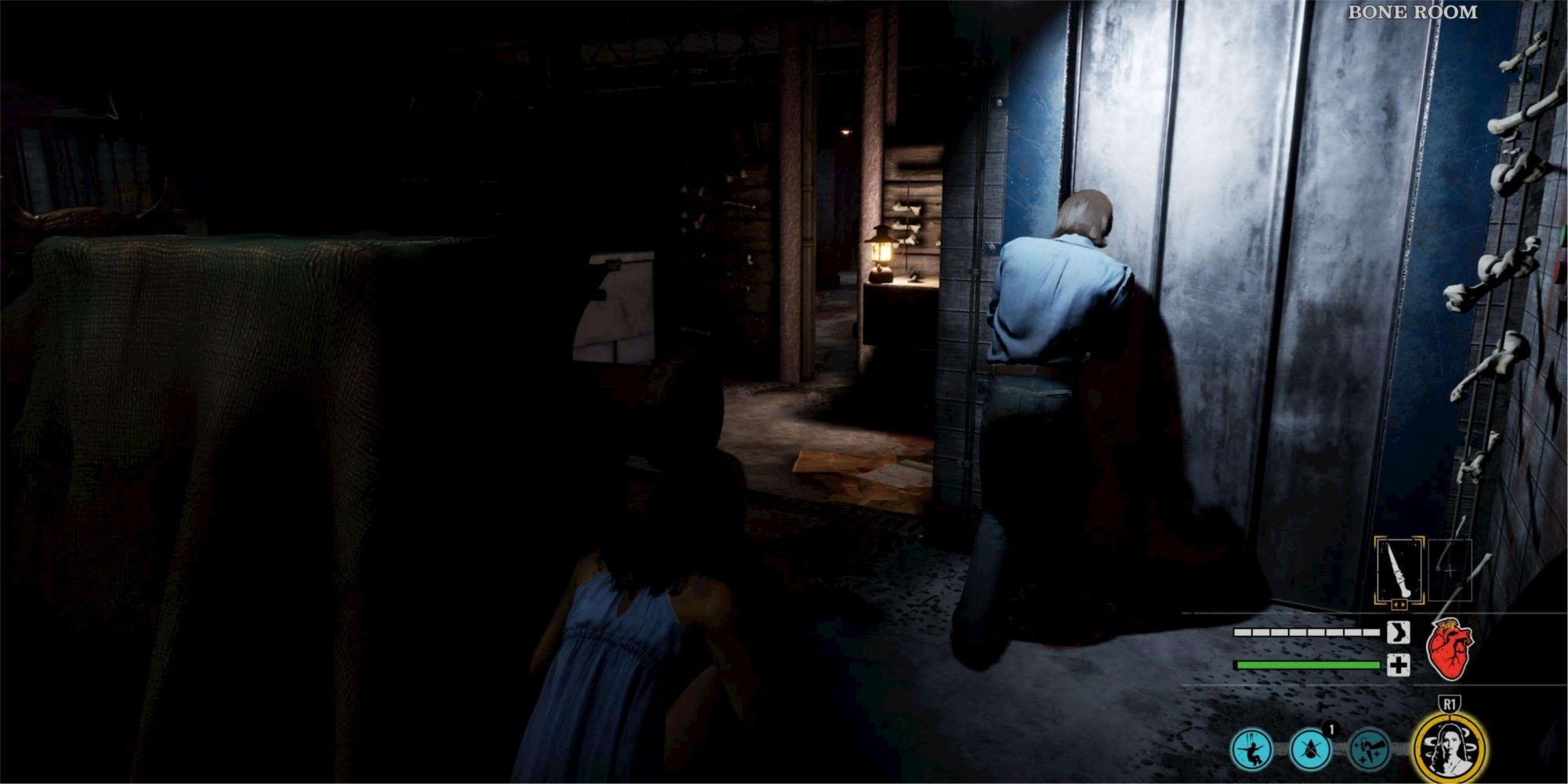 Ana teams up with Leland, covering him as he picks the lock of the Bone Room door.