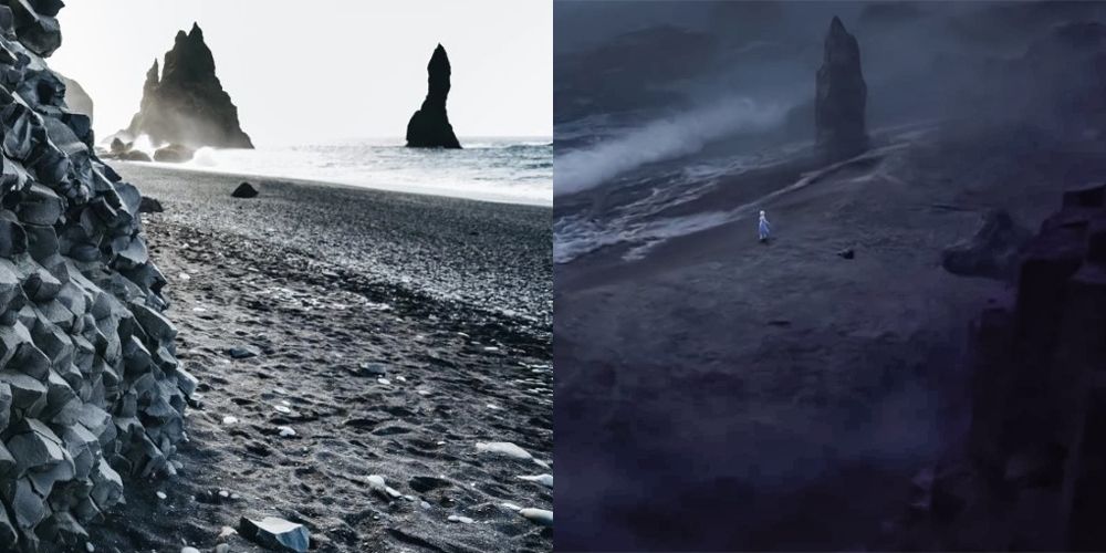 Frozen 2 Reynisfjara Black Sand Beach with rock figure