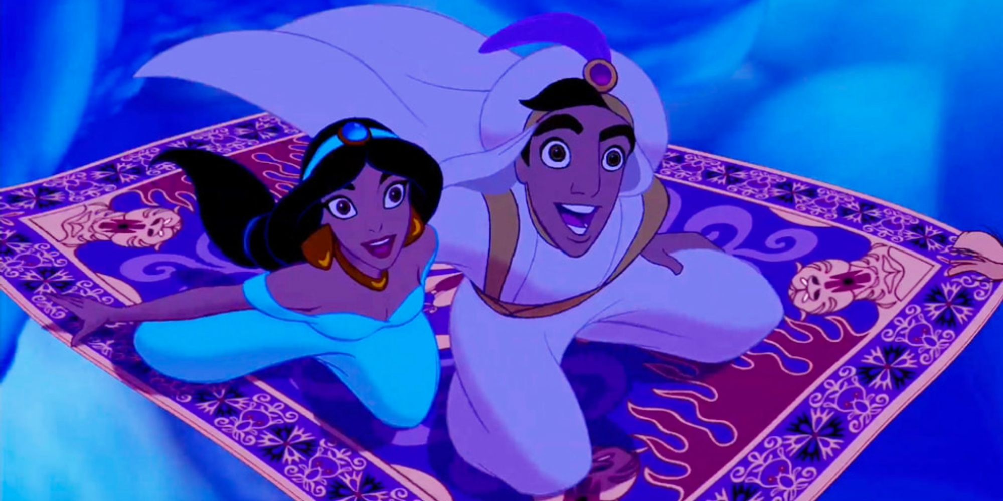 Jasmine and Aladdin riding the magic carpet
