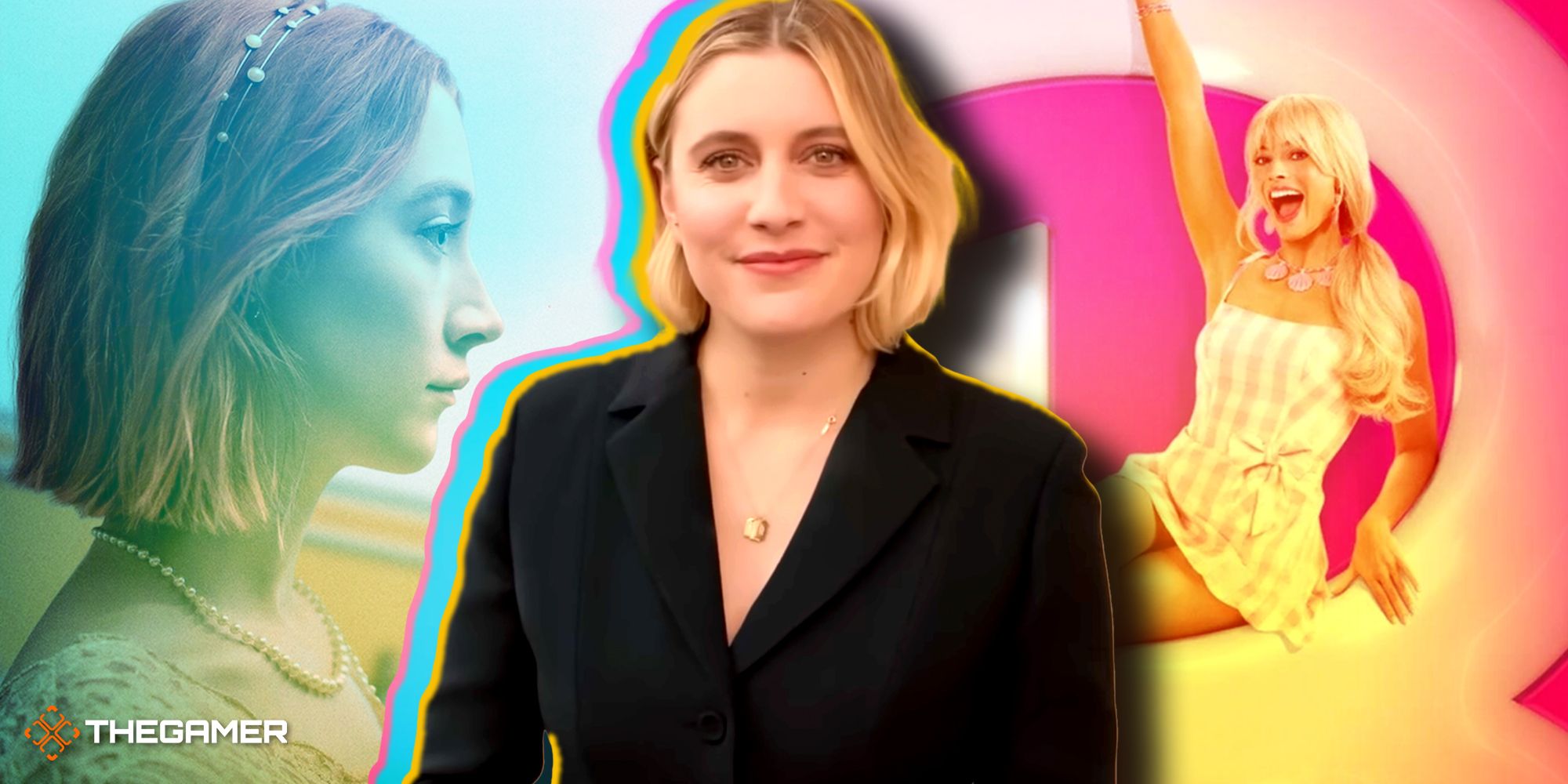 Greta Gerwig, with Lady Bird on the left and Barbie on the right