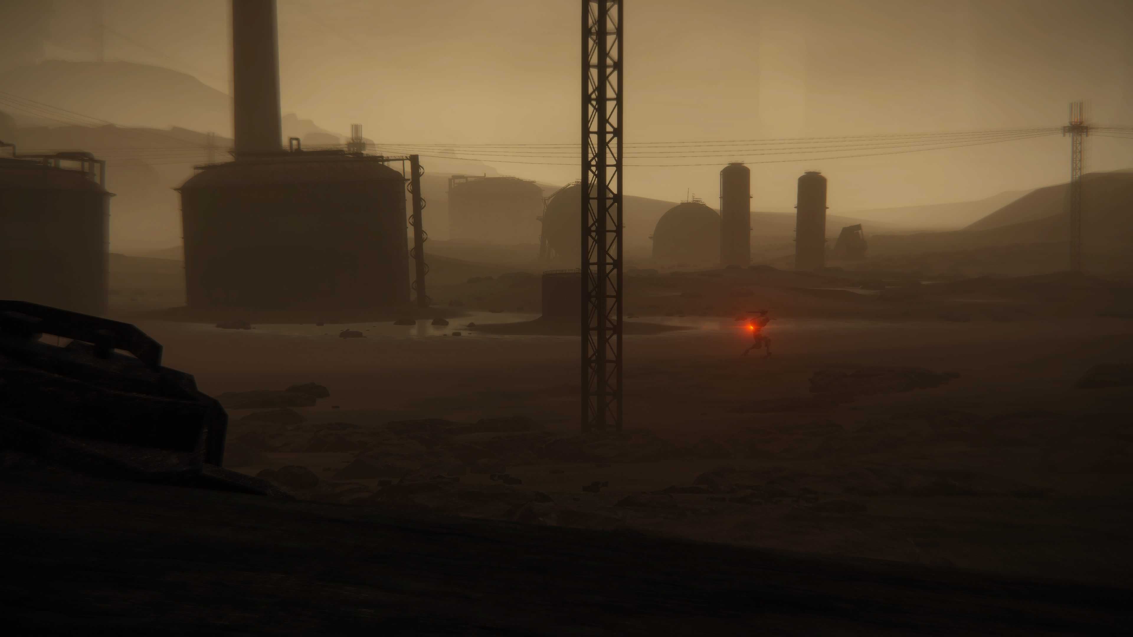 Armored Core 6 enemy wandering a brown industrial wasteland with a red light blinking