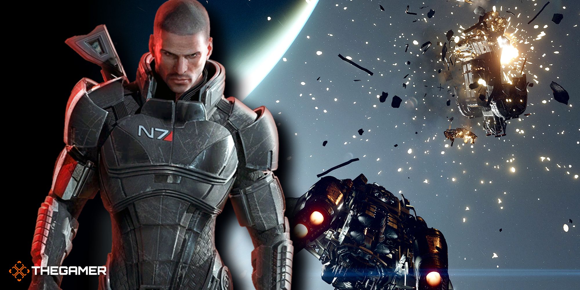 Mass Effect's Commander Shepard overlaid against a dramatic space dogfight in Starfield