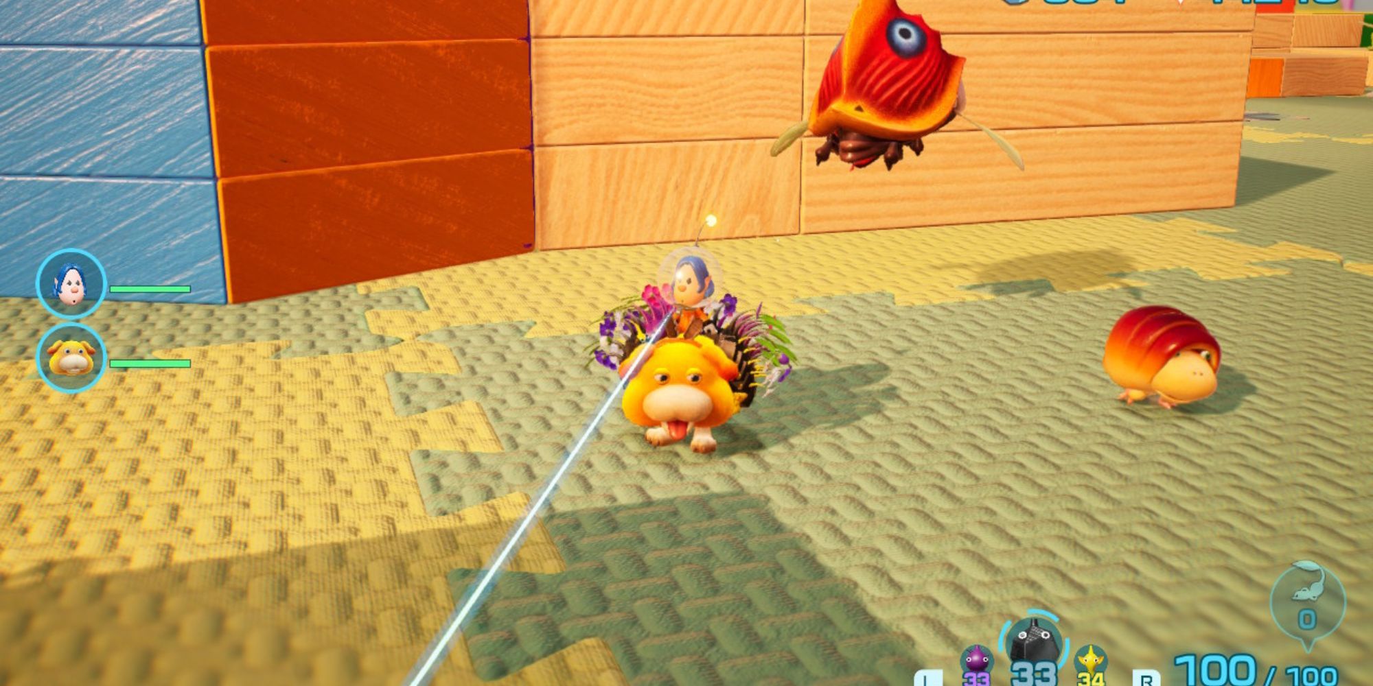 Oatchi and Pikmin stand in Plunder Palace surrounded by enemies