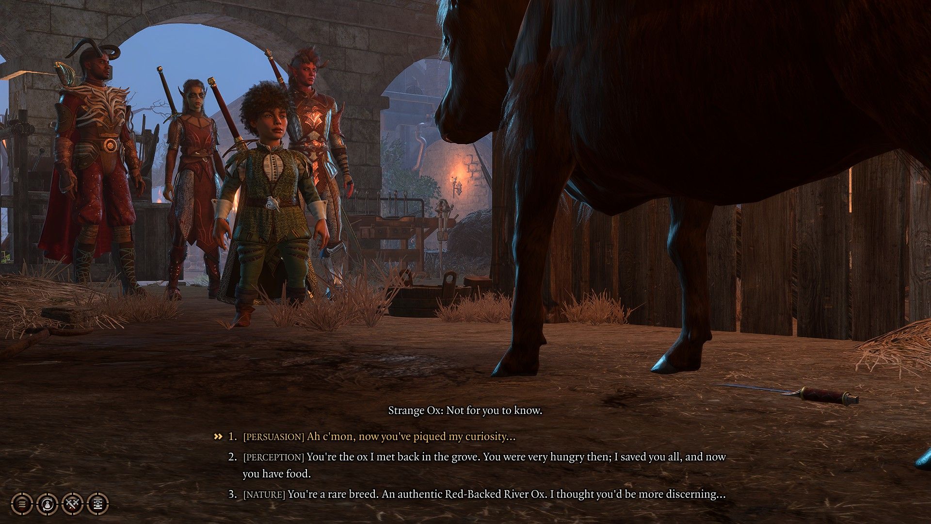Baldur's Gate 3 Halfling and party Speaking To Strange Ox