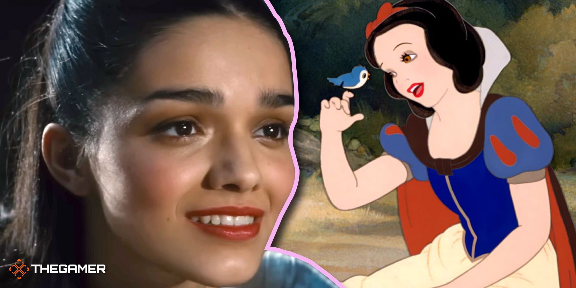 Split image with Rachel Zegler and animated Snow White