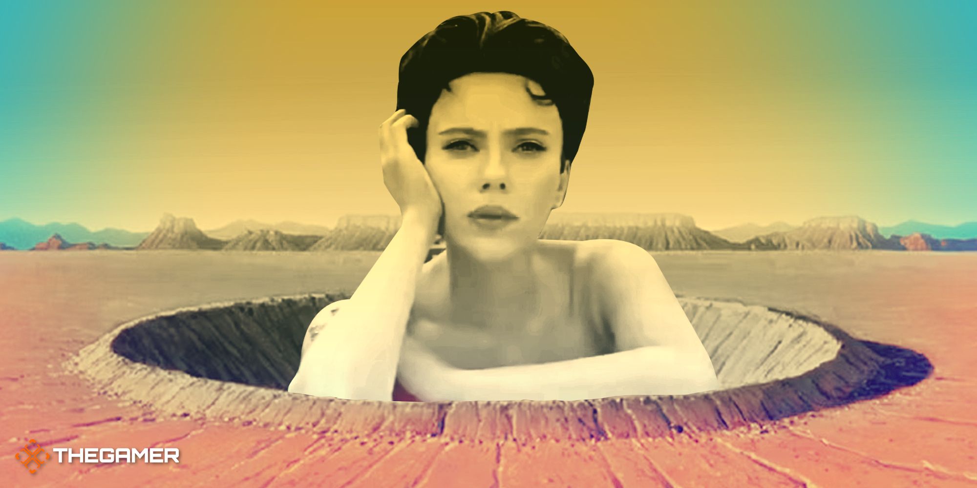 Scarlett Johansson as Midge Campbell in the crater from Asteroid City's poster