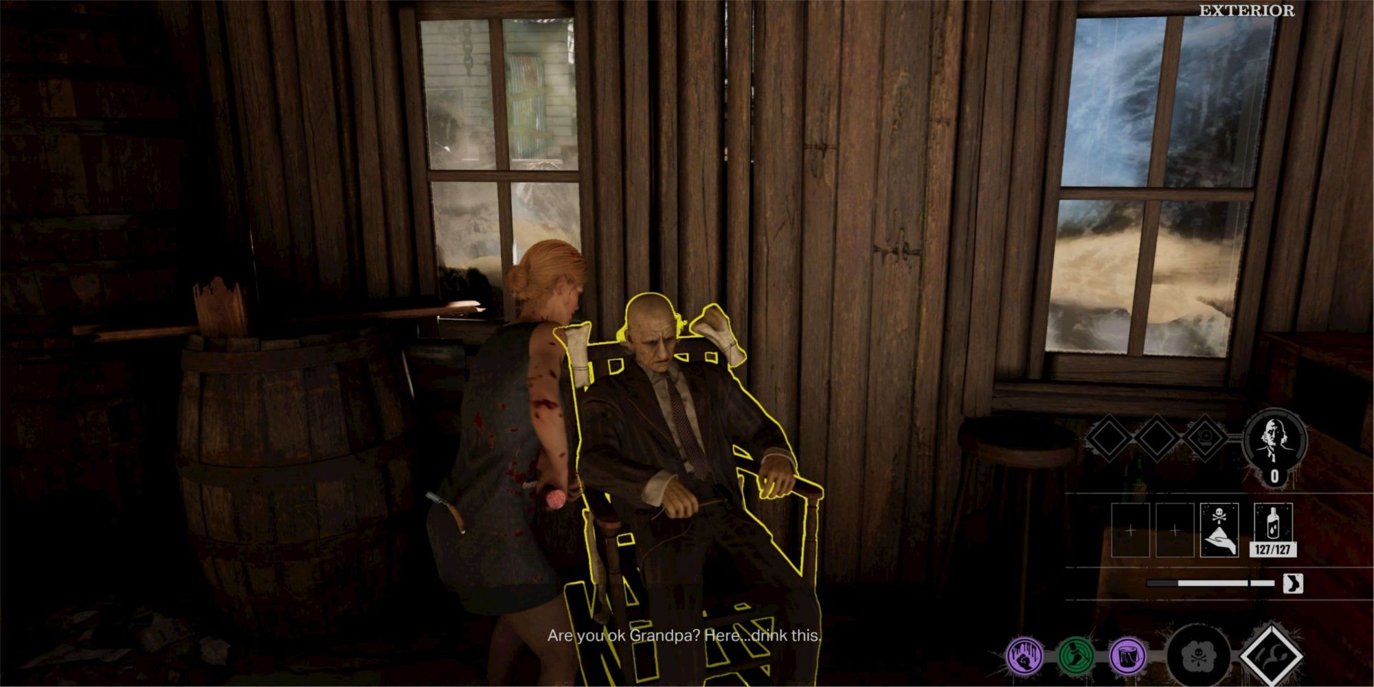 Sissy feeds Grandpa blood so he can become stronger at the Exterior.