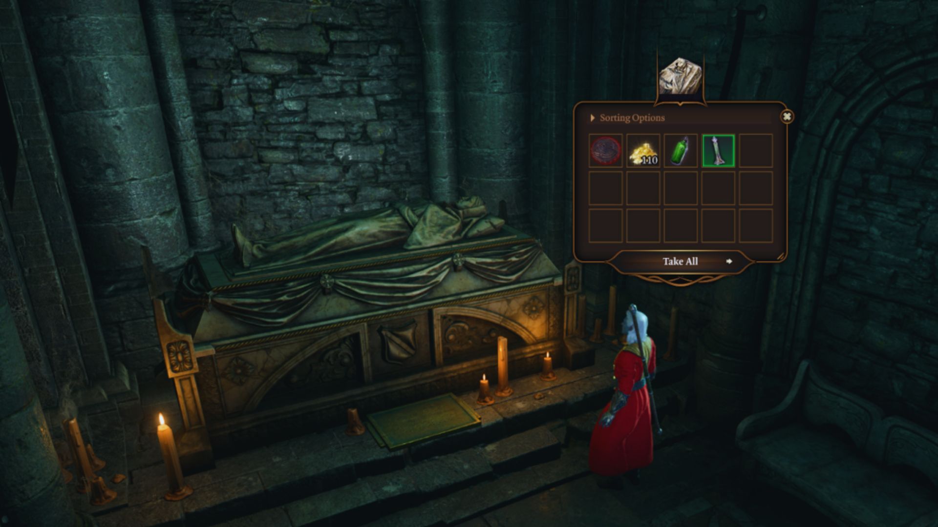 Baldur's Gate 3 - Player opening Withers' sarcophagus in the Dank Crypt