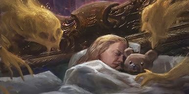 a sleeping girl holding a teddy bear is terrorized by spirits