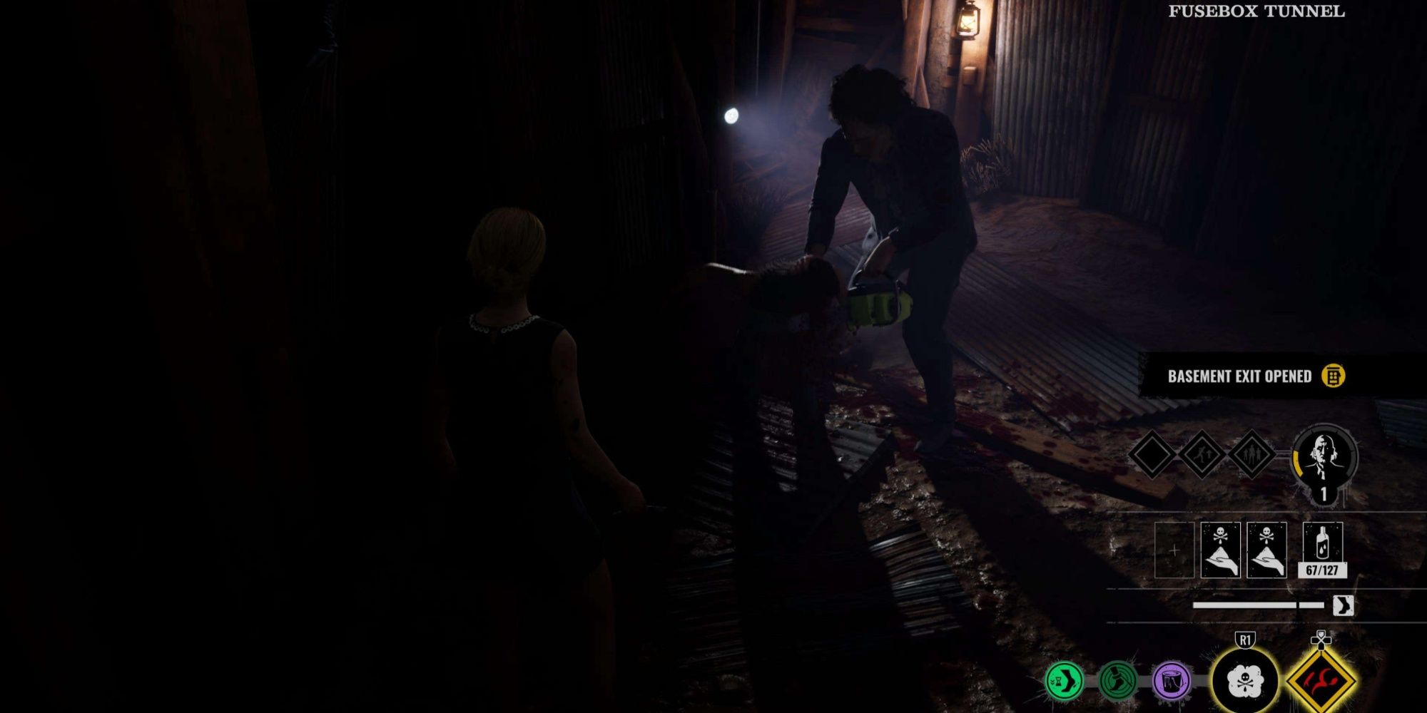 Sissy and Leatherface ambush a victim in the Fusebox Tunnel.