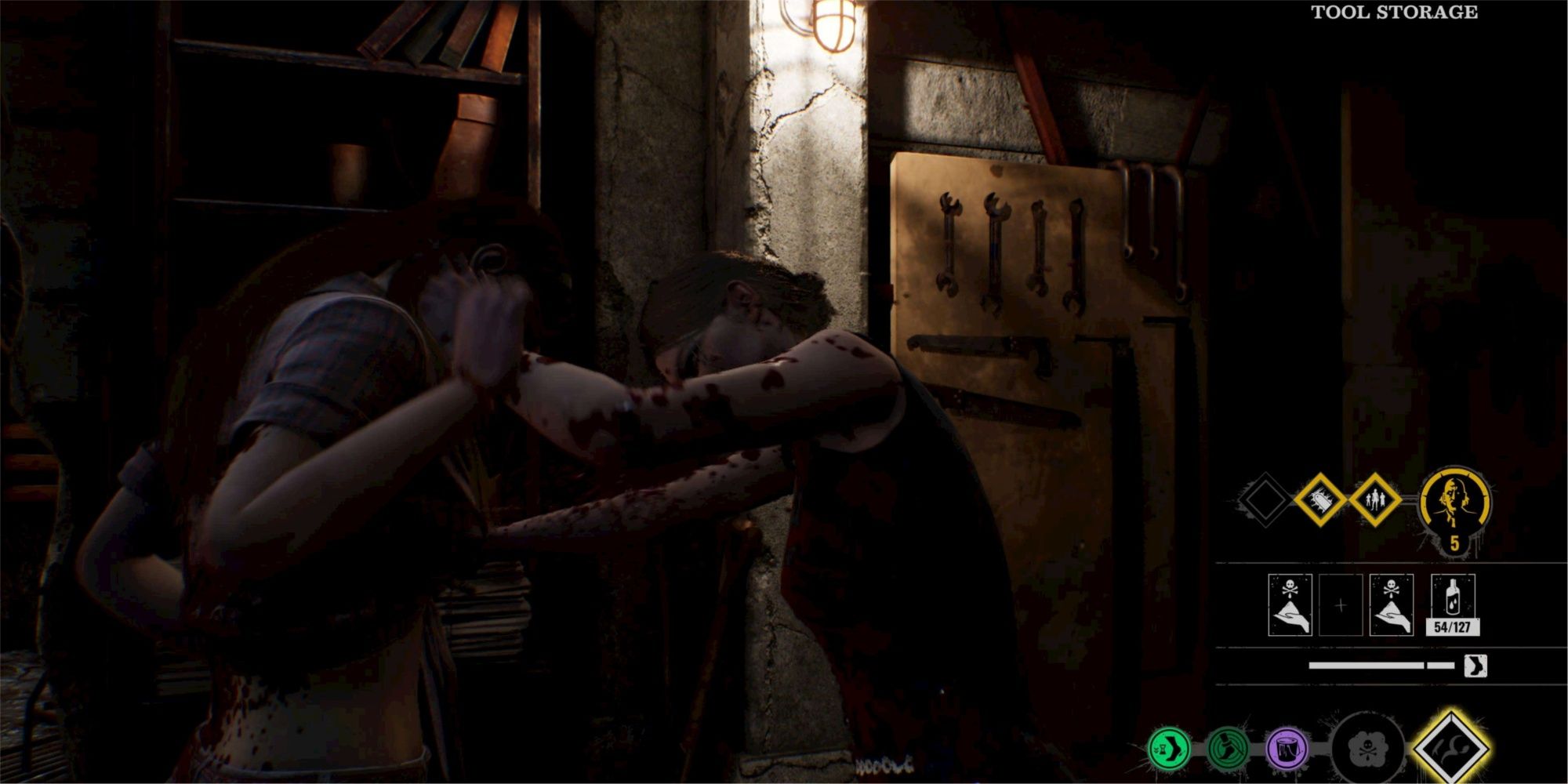 Sissy stabs at victim as she holds her in the Tool Storage area.