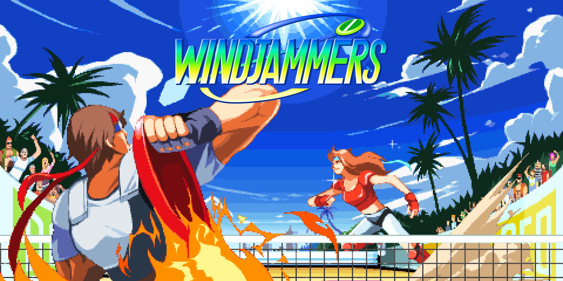Windjammers promotional art cover Featuring a long haired girl with red gloves and a short haired man with a headband