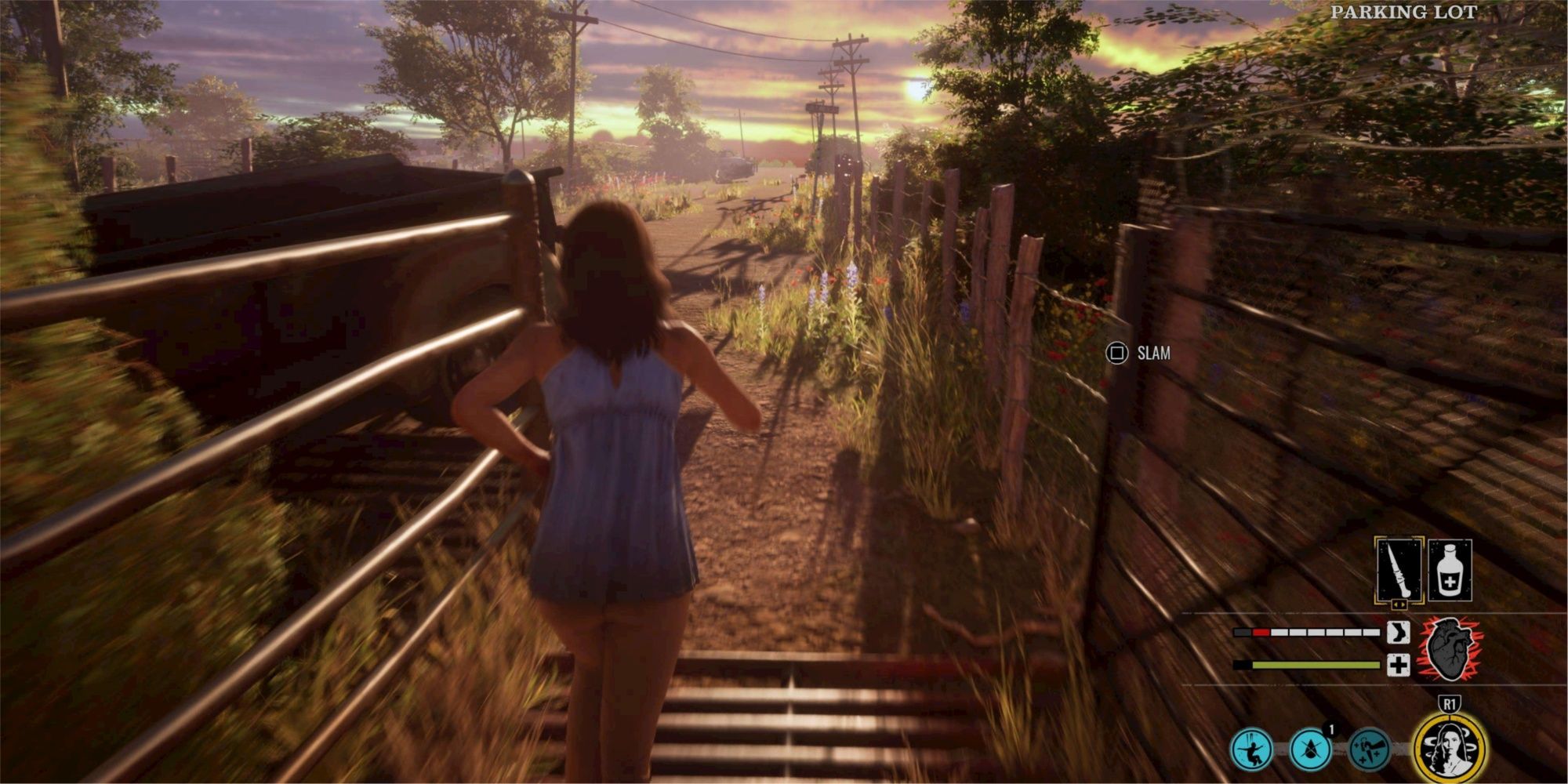 Ana rushes to the exit located in the Parking Lot.