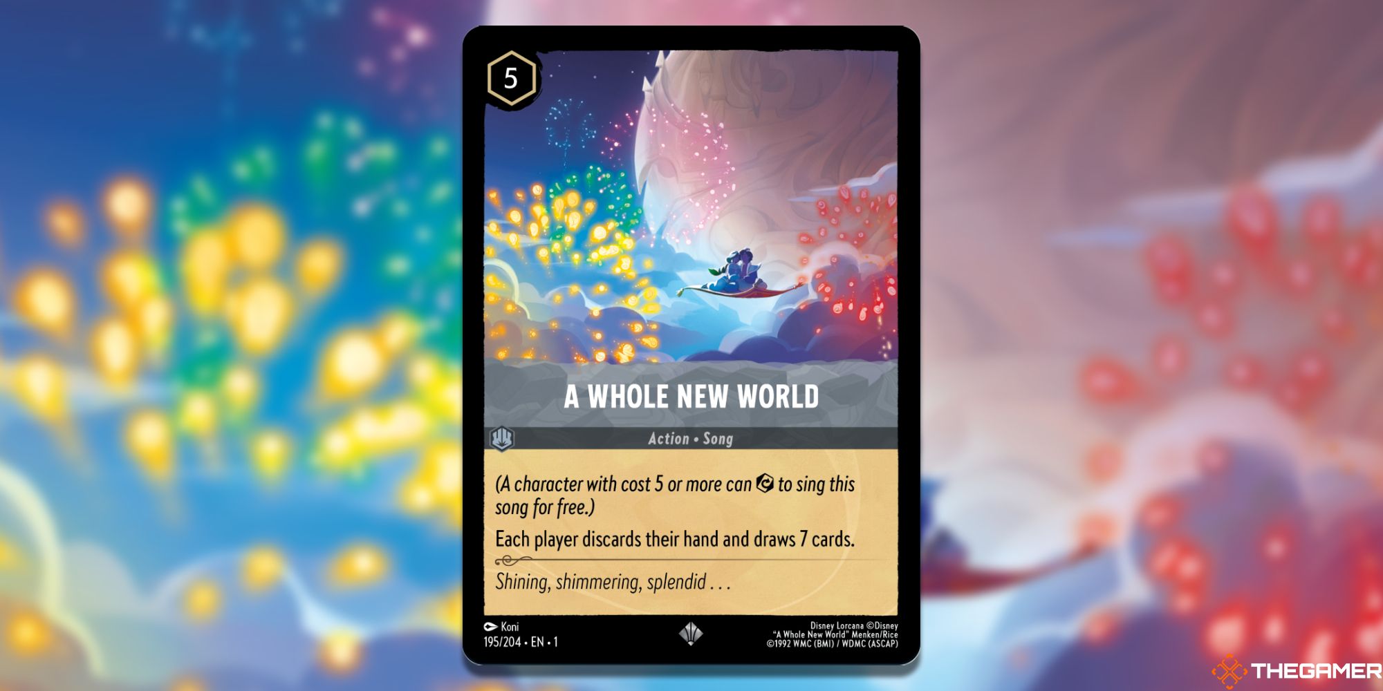 Image of the A Whole New World card in Lorcana, with art by Koni