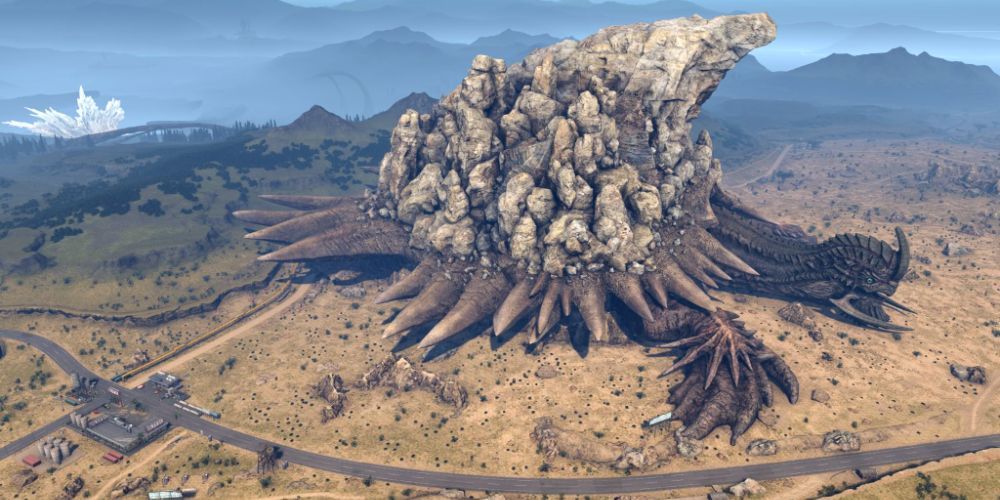 Adamantoise lumbering near a town in Final Fantasy 15